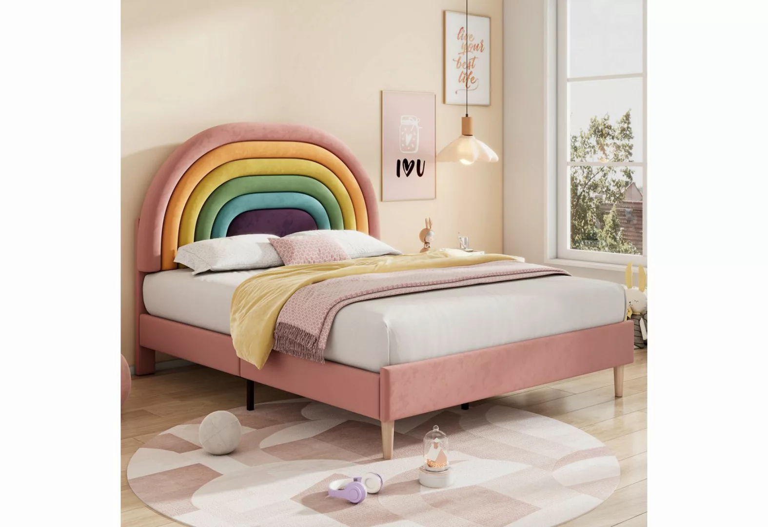 Flieks Polsterbett, Kinderbett mit verstellbarem Regenbogen-Kopfteil 140x20 günstig online kaufen