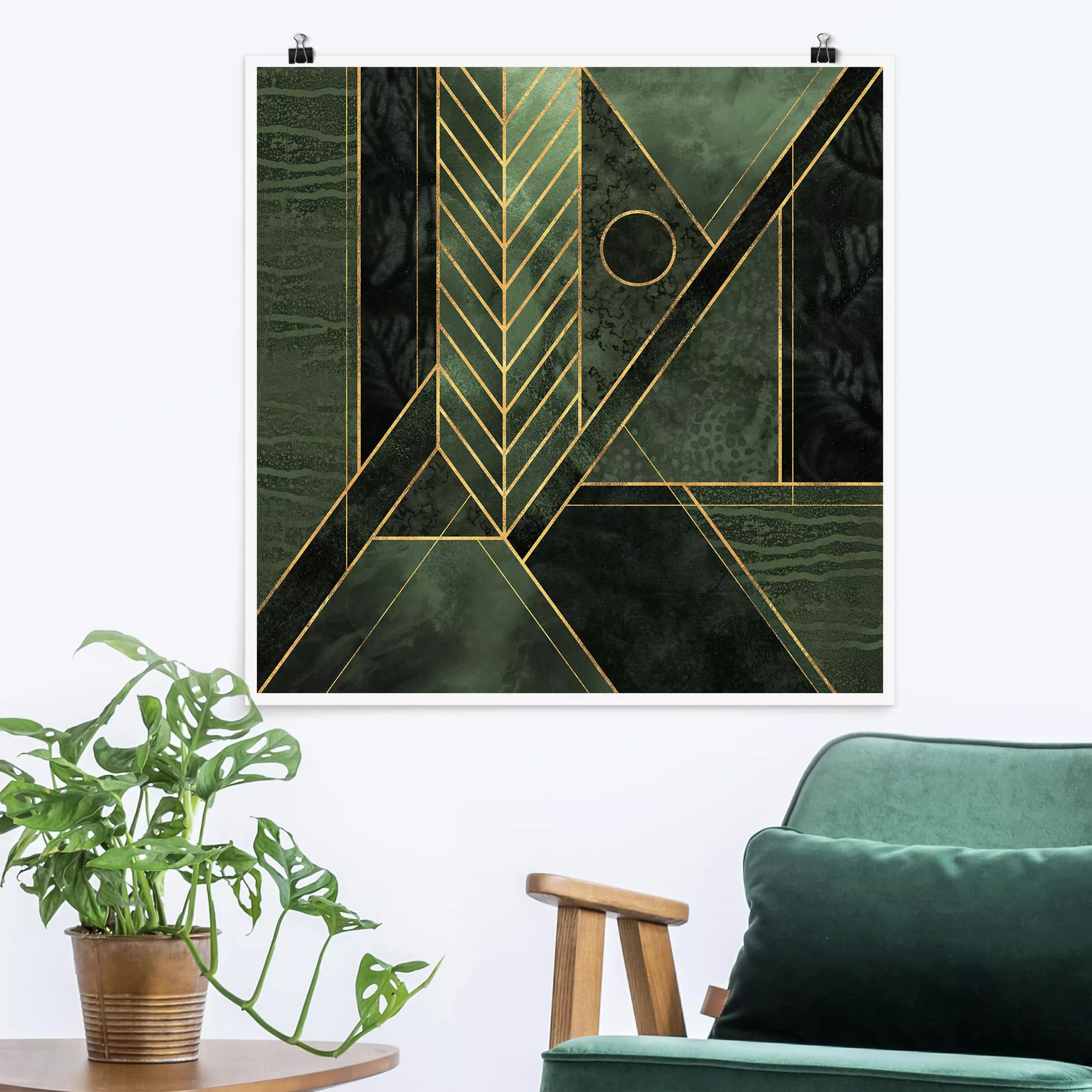 Poster Abstrakt - Quadrat Geometrische Formen Smaragd Gold günstig online kaufen