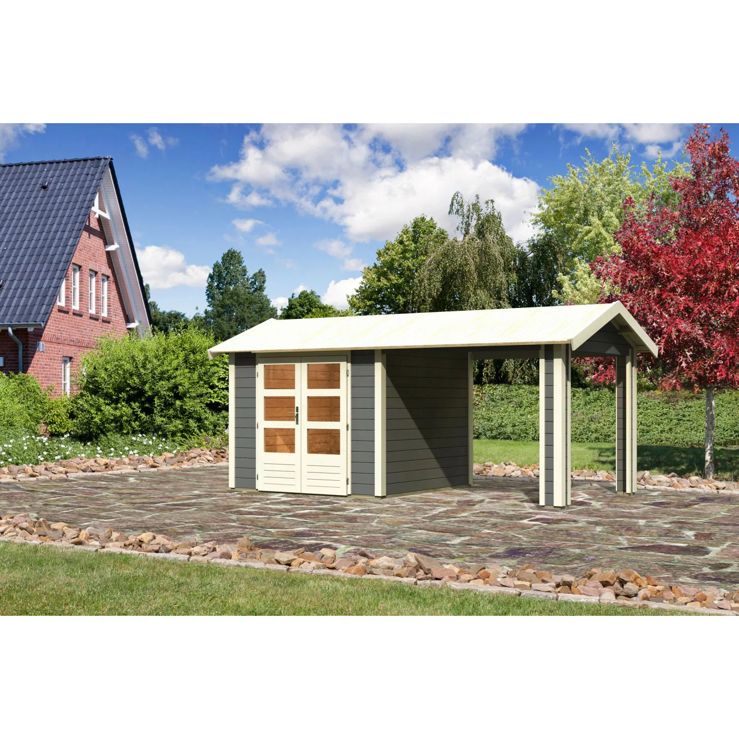 Karibu Holz-Gartenhaus Timra Terragrau Satteldach Lackiert 240 cm x 244 cm günstig online kaufen