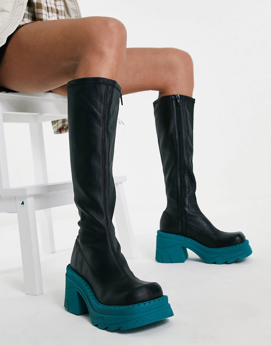 Topshop – Theo – Hochwertige, kniehohe Sock-Boot-Stiefel aus Leder in Schwa günstig online kaufen