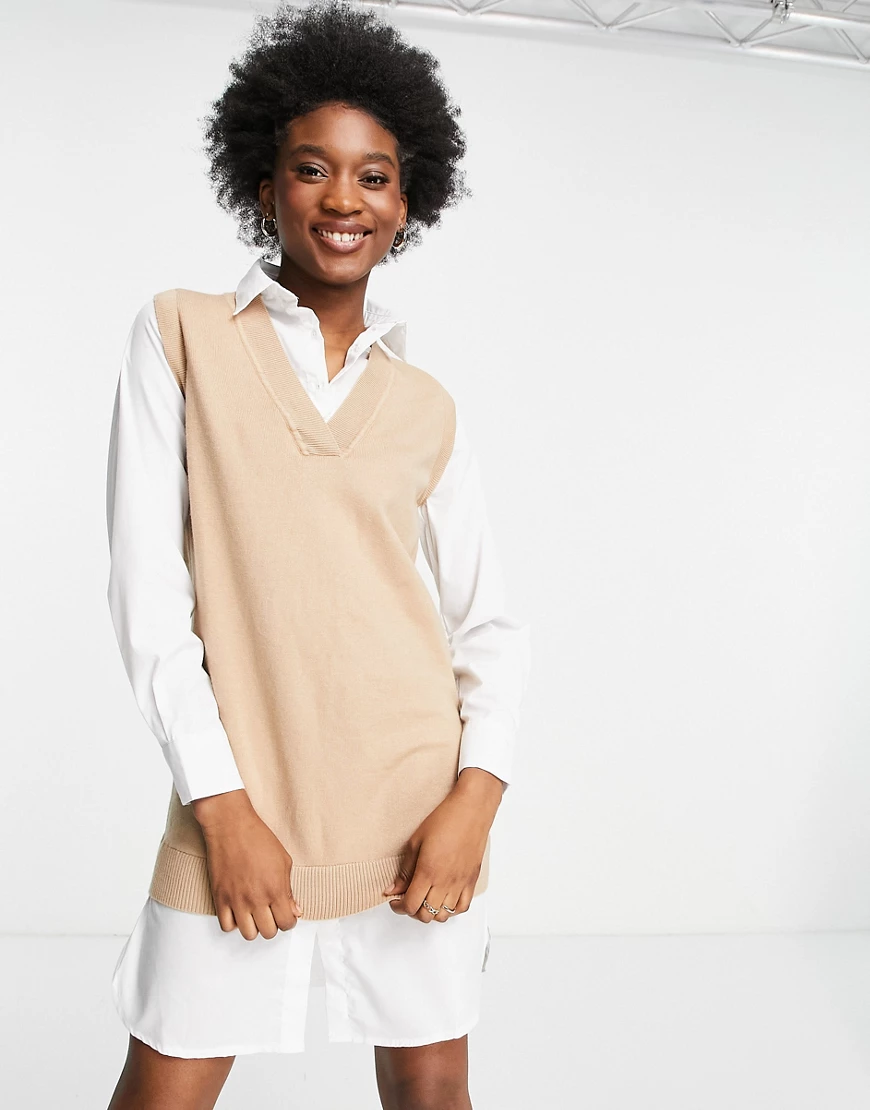 New Look – 2-in-1-Hemdkleid aus Strick in Camel-Neutral günstig online kaufen