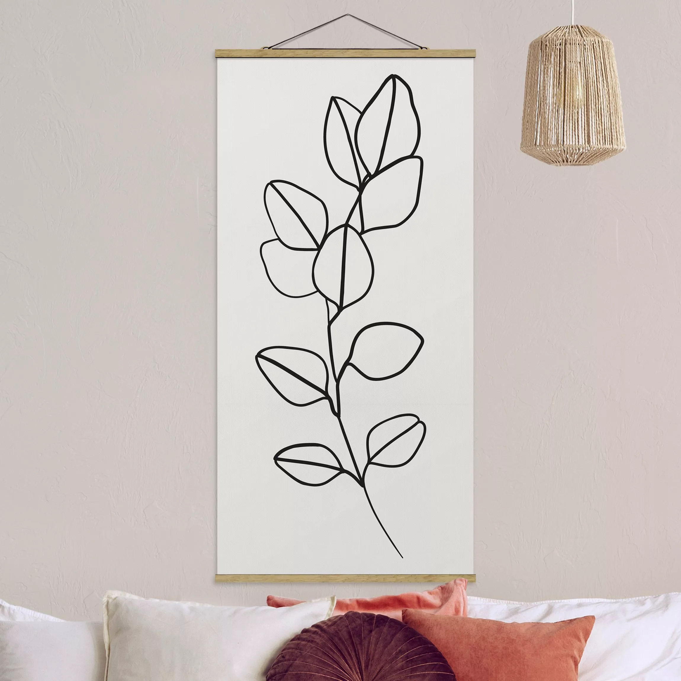 Stoffbild Blumen mit Posterleisten - Hochformat Line Art Zweig Blätter Schw günstig online kaufen