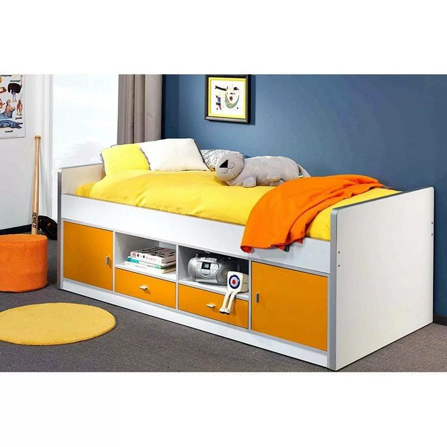 Lomadox Kinderbett, 90x200cm, mit viel Stauraum, weiß/orange günstig online kaufen