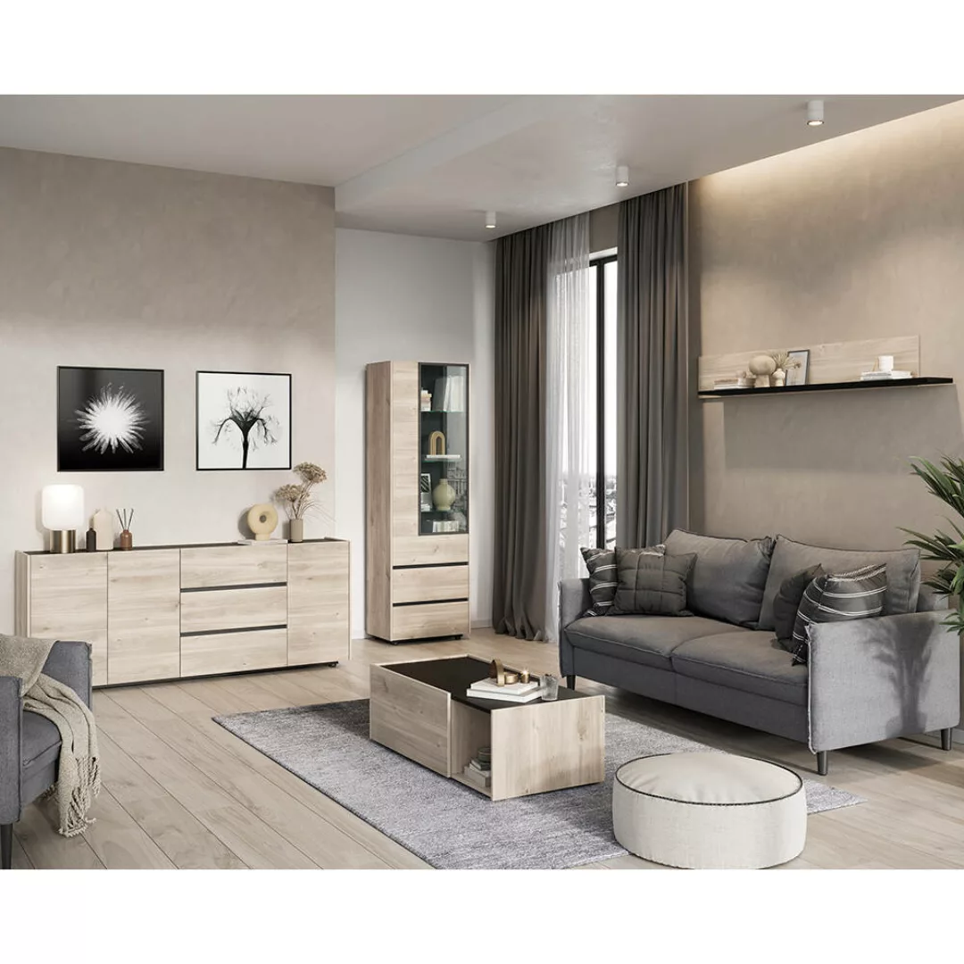 Wohnzimmermöbel Set CALAIS-01 in Eiche Nb. mit schwarz, modern, 4-teilig mi günstig online kaufen