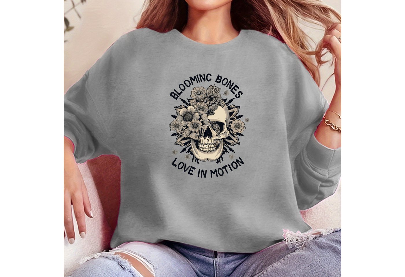 PYL Sweatshirt Damen Halloween Sweatshirt mit Schädel Druck,Langarm Pullove günstig online kaufen