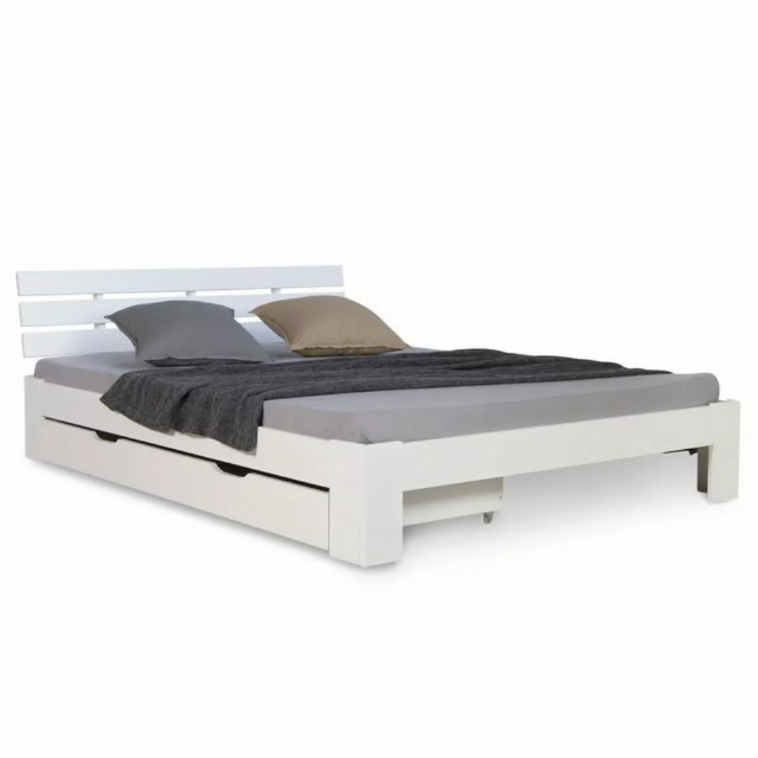 Homestyle4u Holzbett 140x200 Doppelbett cm Weiß inkl. Bettkasten Lattenrost günstig online kaufen