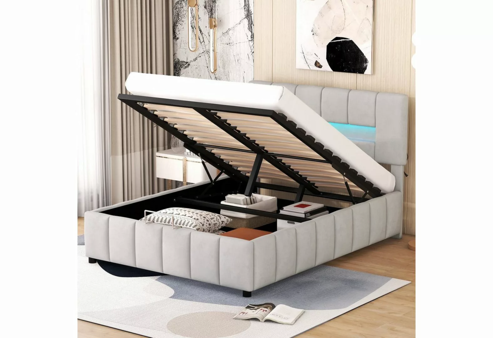 Ulife Polsterbett Modernes Doppelbett LED Beleuchtung hydraulisches Staurau günstig online kaufen