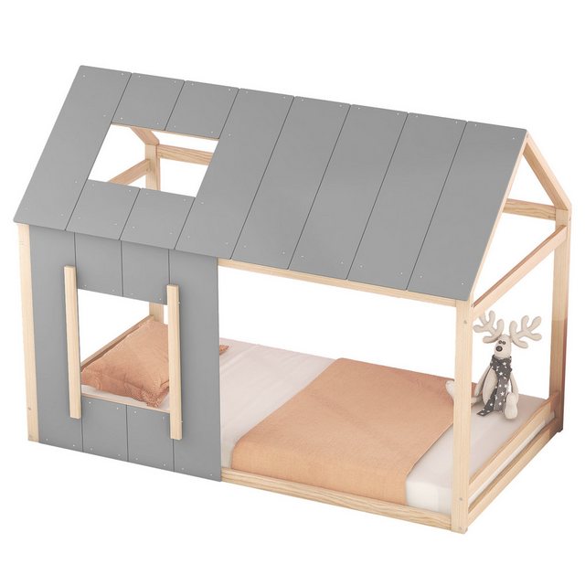 Flieks Kinderbett, Massivholz Einzelbett Hausbett mit Dach und Fenster 90x2 günstig online kaufen