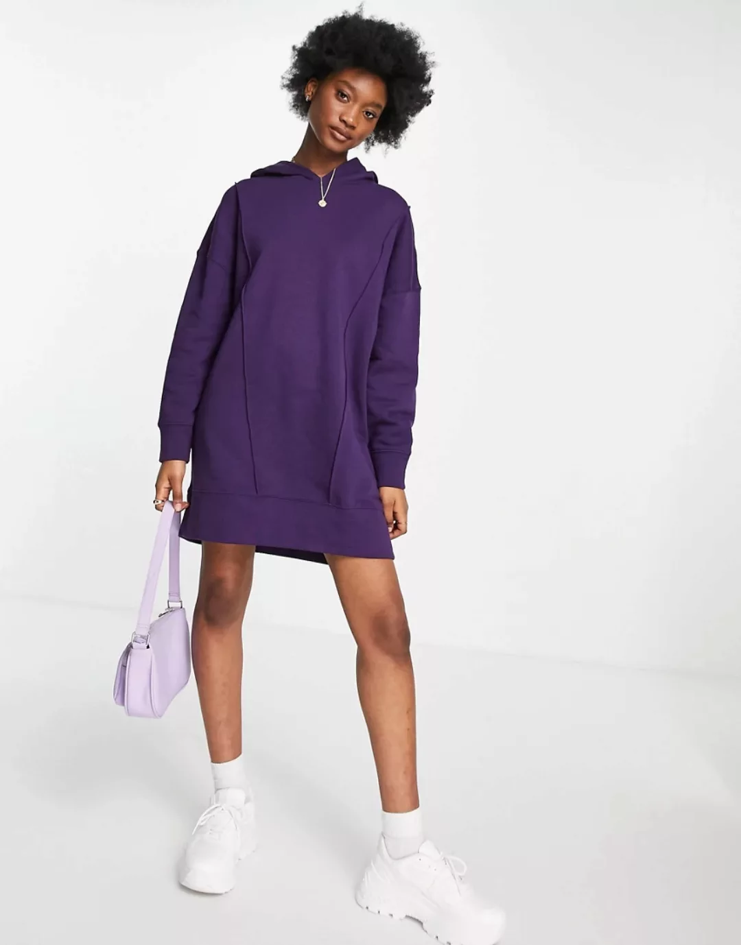 ASOS DESIGN – Oversize-Sweatshirtkleid mit Kapuze und Ziernaht in Dunkellil günstig online kaufen