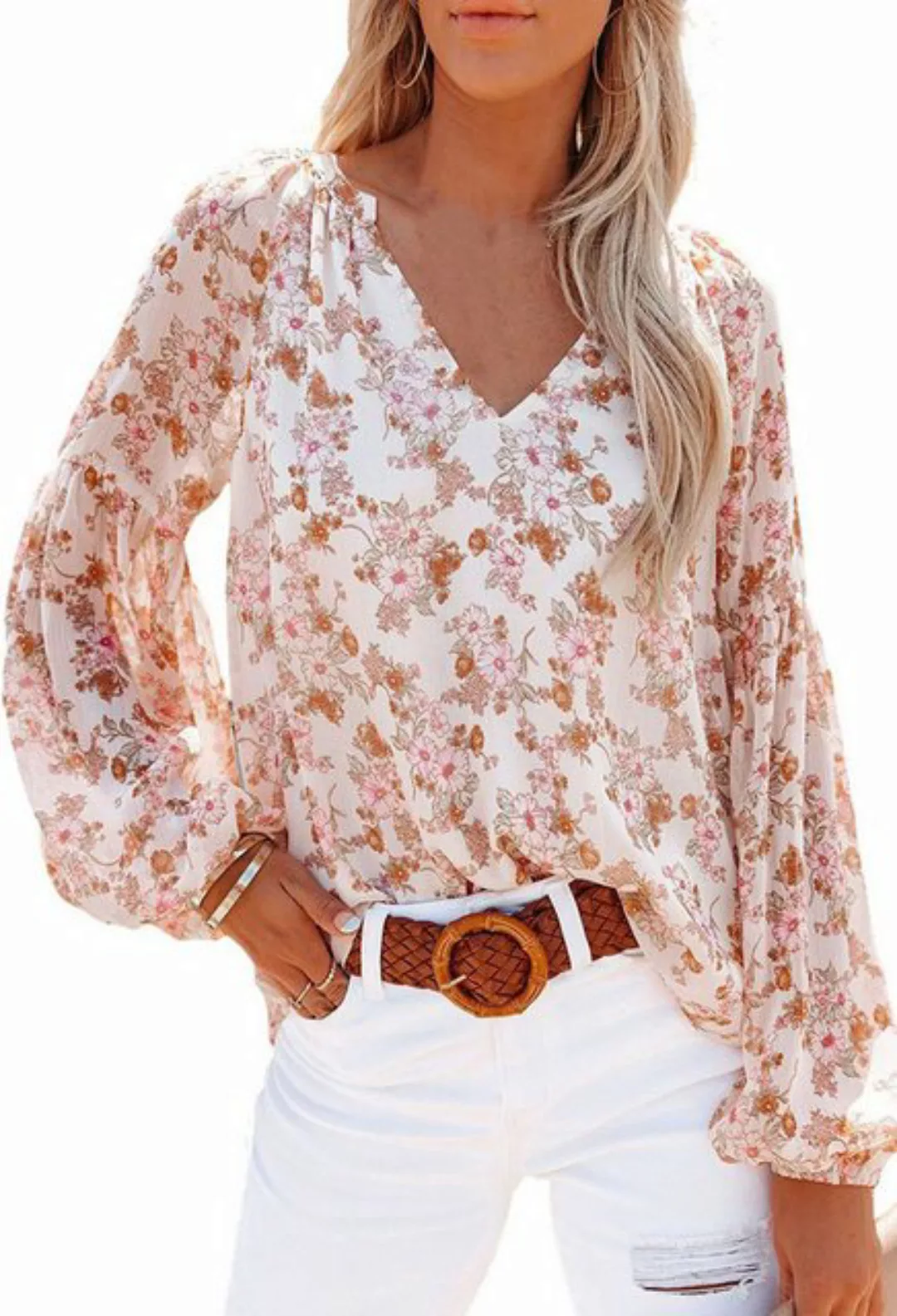 CHENIN Langarmhemd Damen Elegant Crushed Floral v-Neck Top Laterne Langarm günstig online kaufen