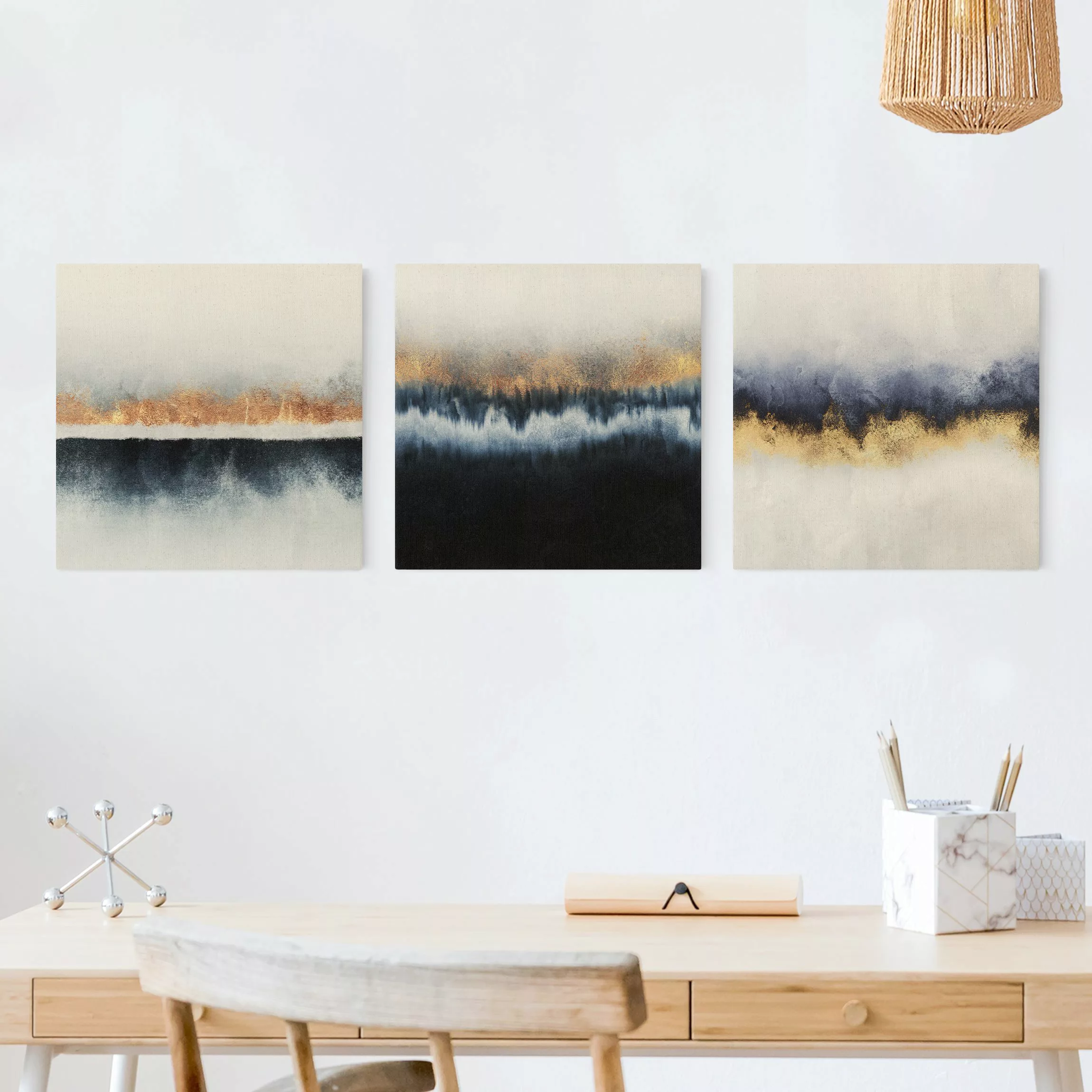 Leinwandbild 3-teilig Aquarell Horizont Gold Blau günstig online kaufen