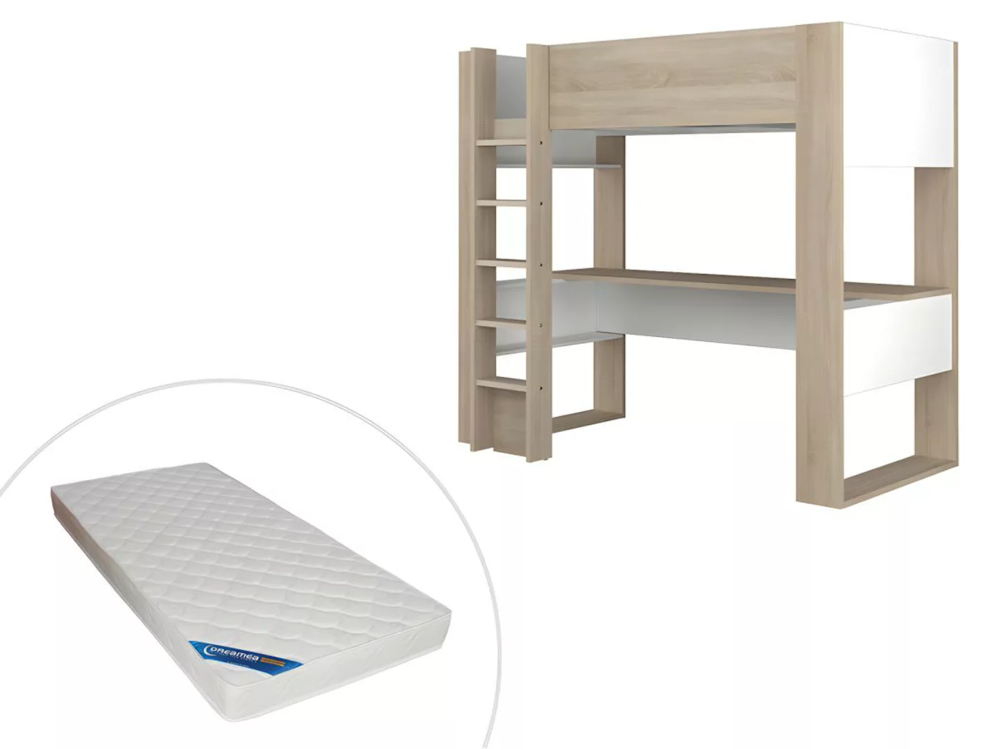 Hochbett mit Schreibtisch & Stauraum + Matratze - 90 x 200 cm - Eichefarben günstig online kaufen