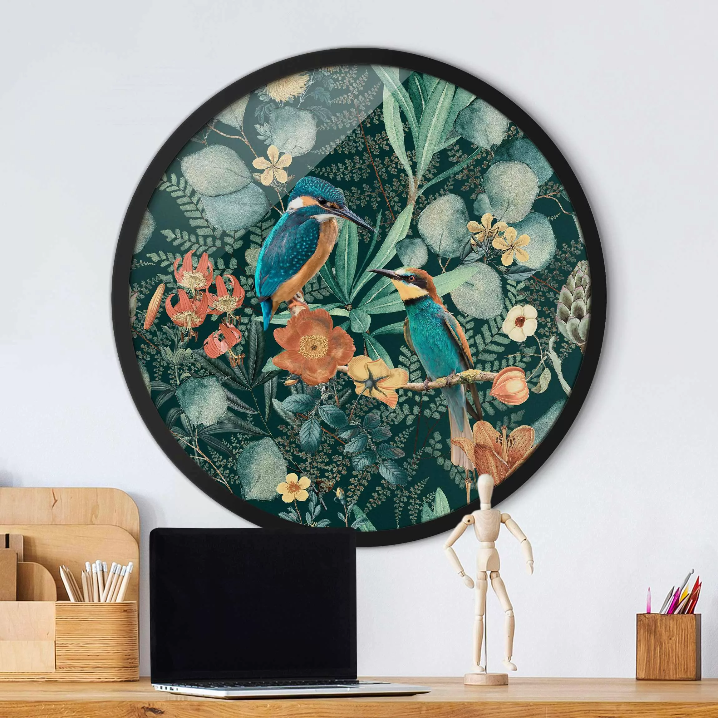 Rundes Gerahmtes Bild Blumenparadies Eisvogel und Kolibri günstig online kaufen
