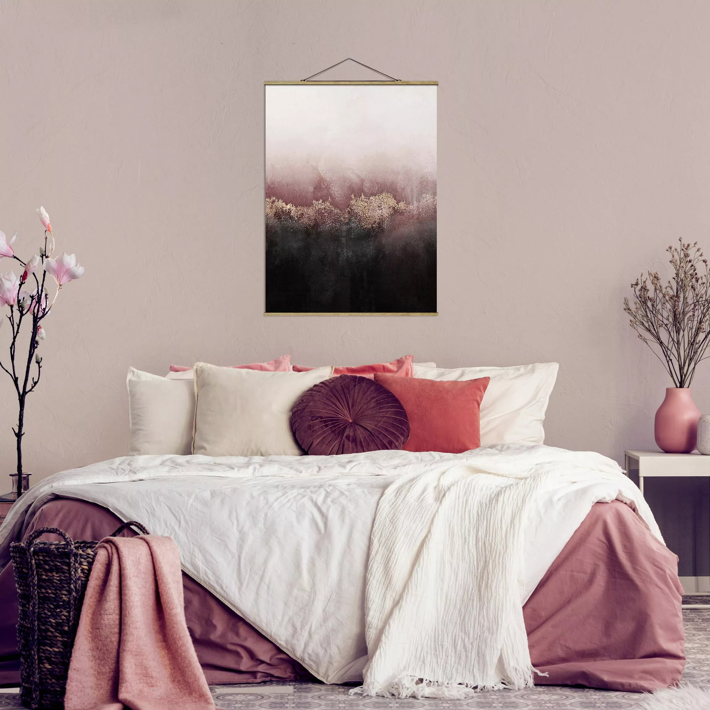Stoffbild Abstrakt mit Posterleisten - Hochformat Goldene Dämmerung Rosa günstig online kaufen