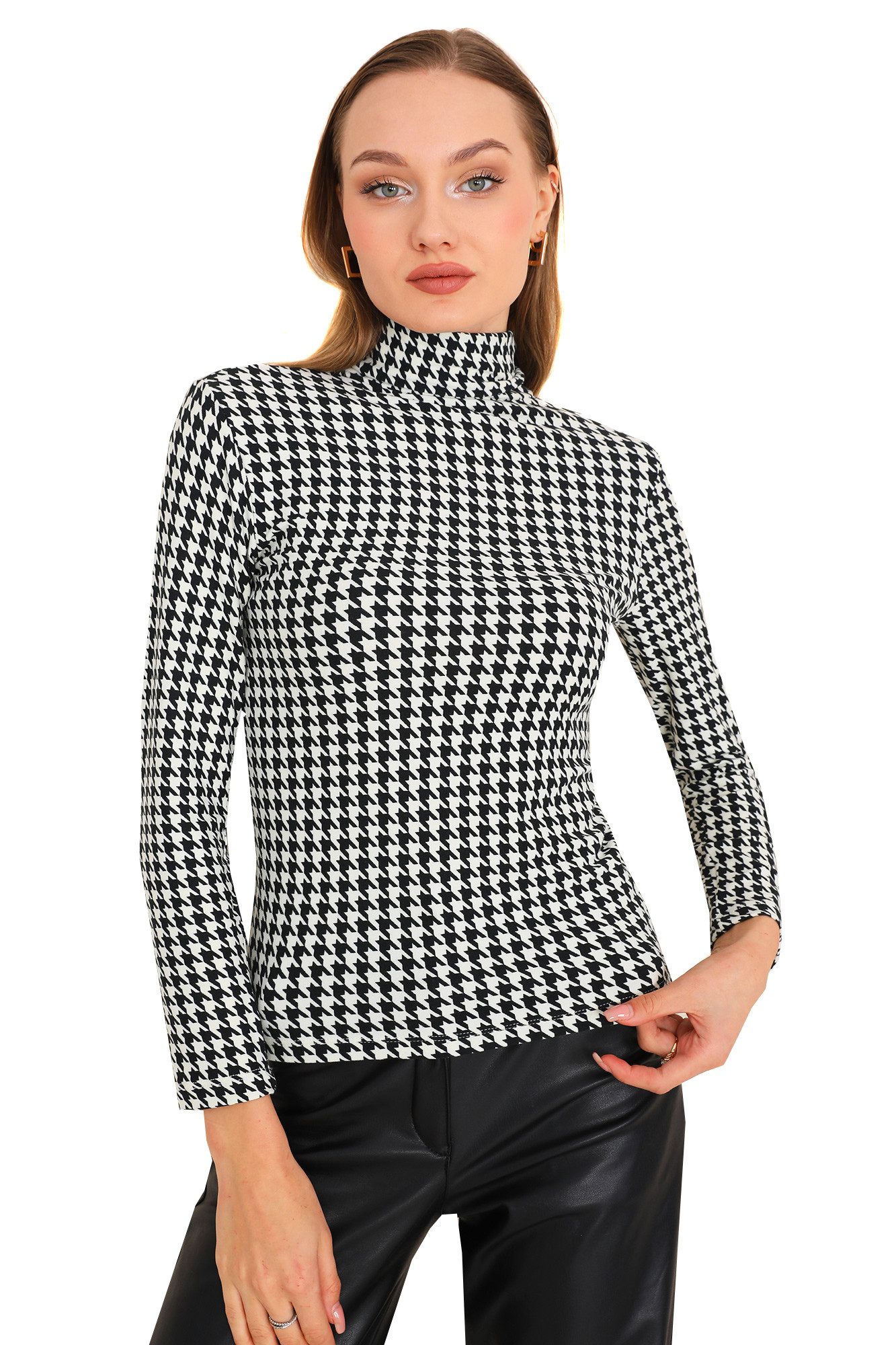 Bongual Rollkragenshirt Langarm Hahnentrittmuster samtweich günstig online kaufen