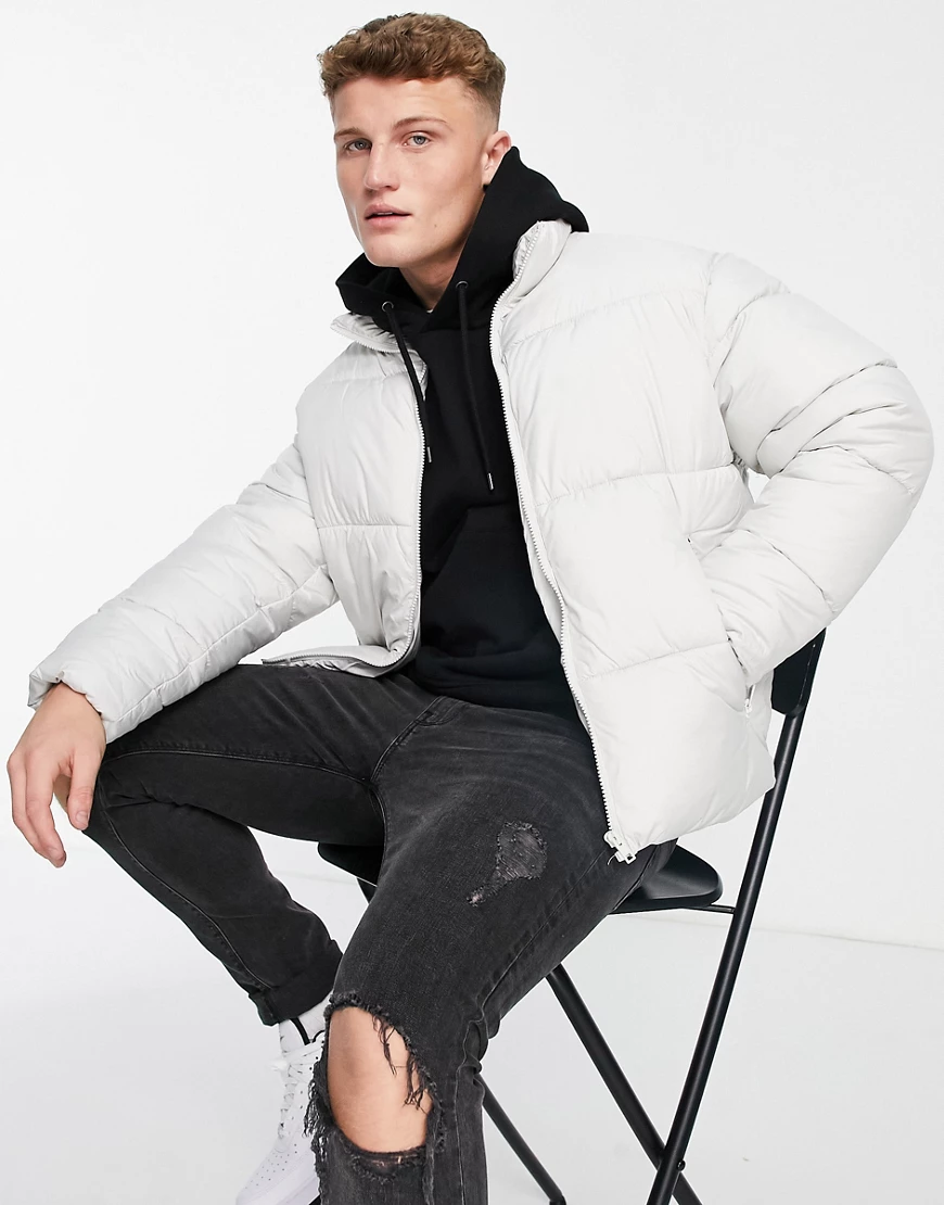 Jack & Jones – Core – Kurze Steppjacke in Grau mit Kapuze günstig online kaufen