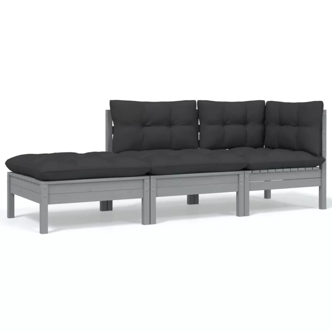 3-tlg. Garten-lounge-set Mit Kissen Grau Kiefer Massivholz günstig online kaufen