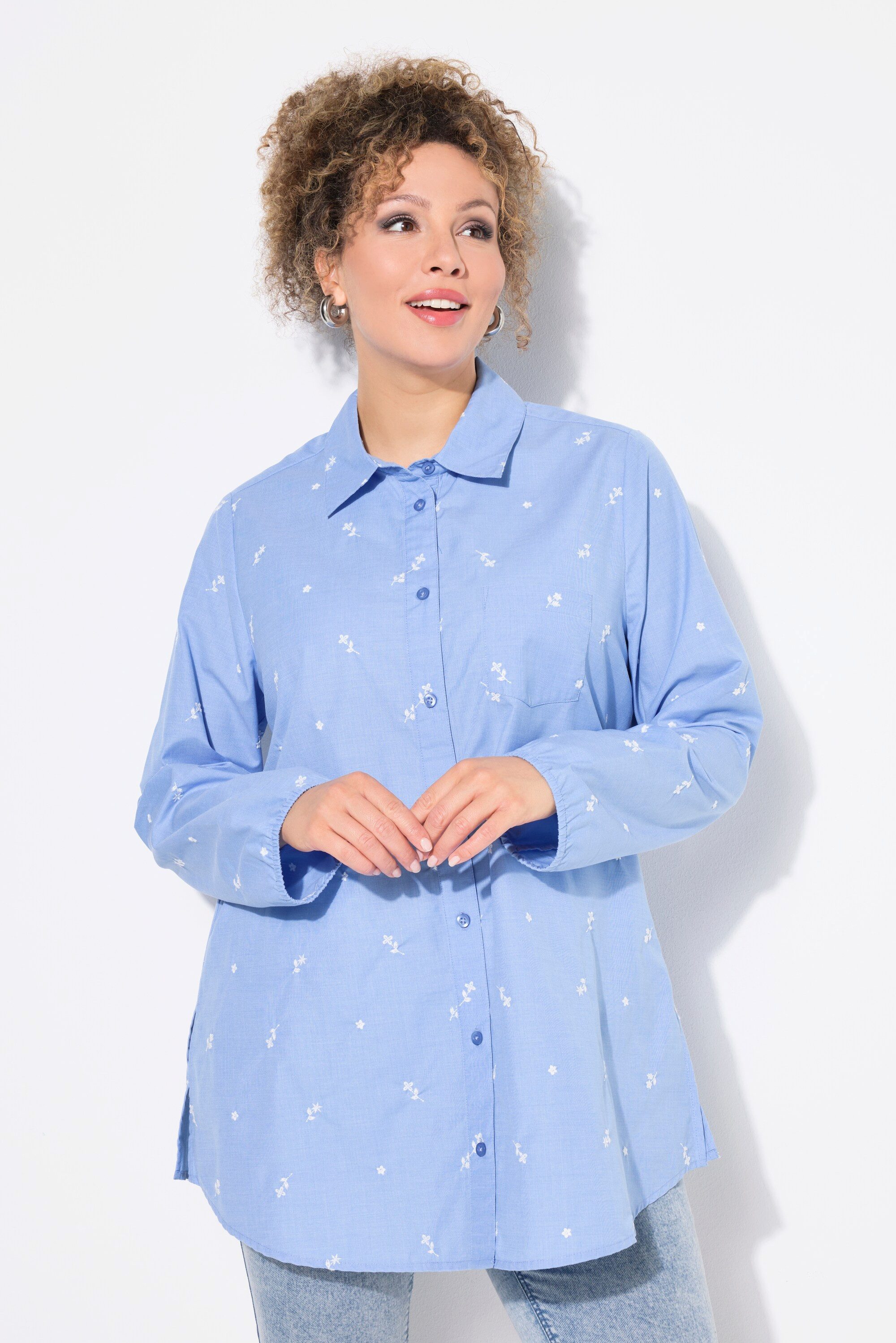 Ulla Popken Hemdbluse Hemdbluse Blütenstickerei A-Linie günstig online kaufen