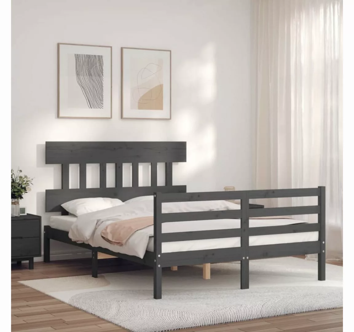 vidaXL Bett Massivholzbett mit Kopfteil Grau 140x190 cm günstig online kaufen