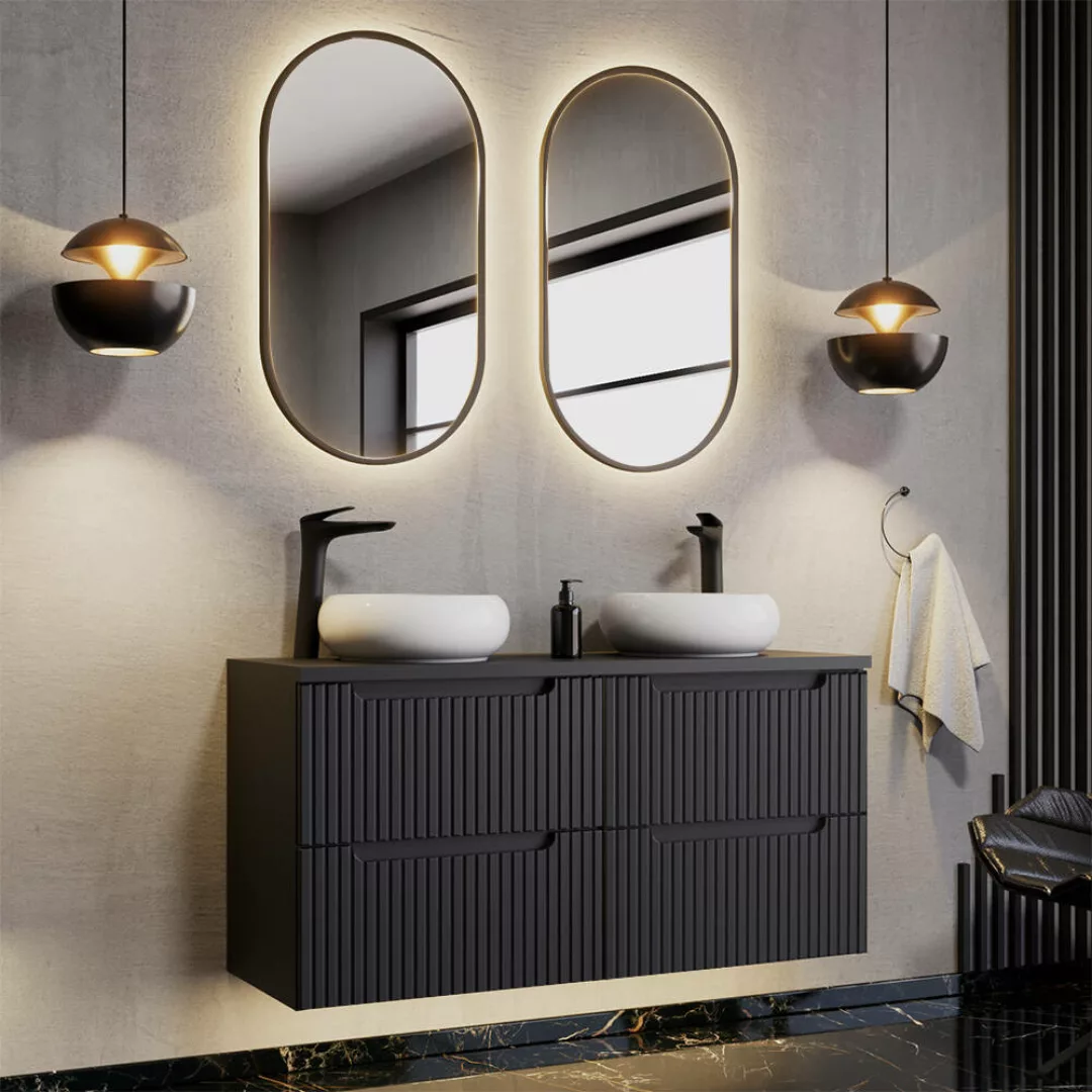 Badmöbel Set, 120cm Doppelwaschtisch, schwarz mit gerillter Front NEWPORT-5 günstig online kaufen