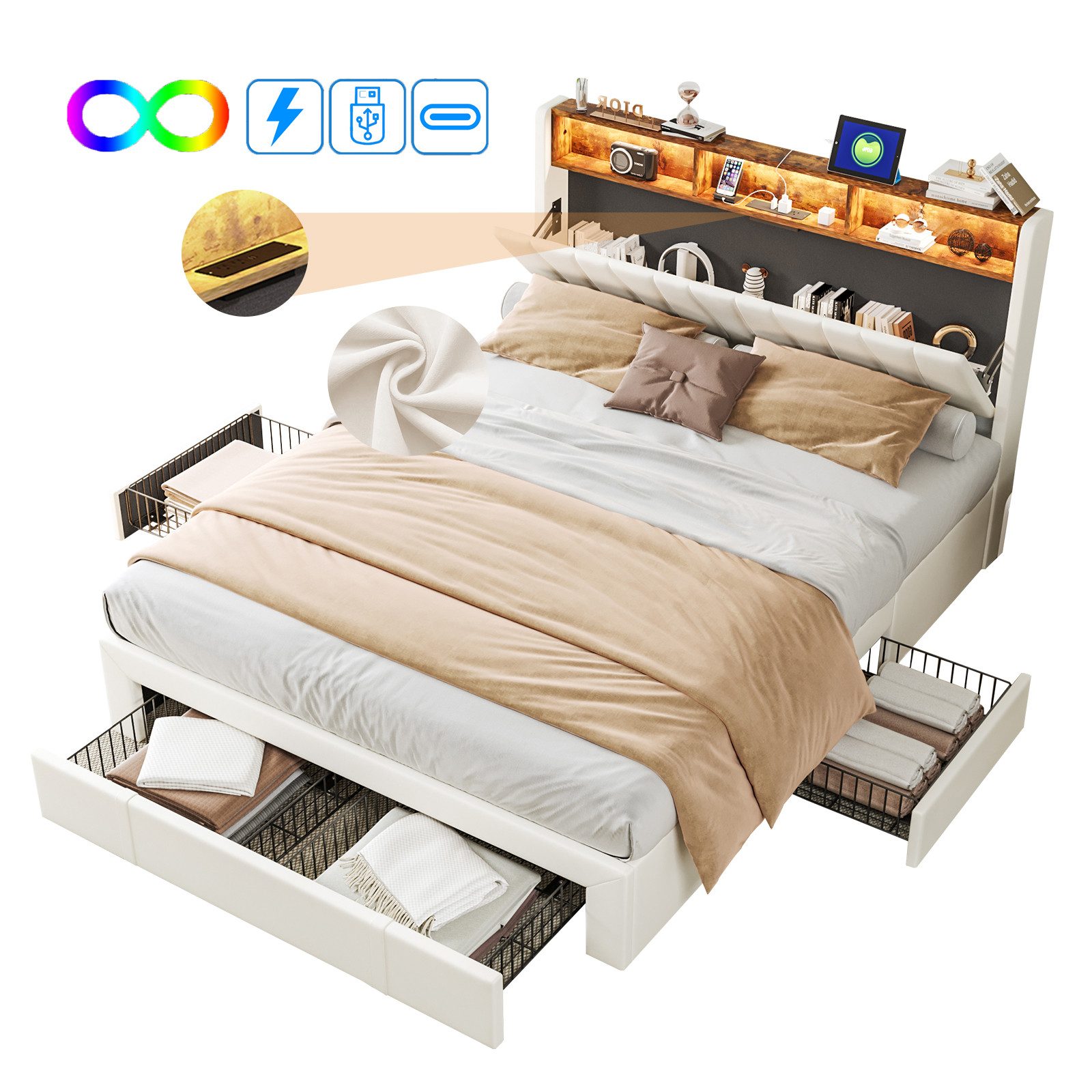 FUROKOY Polsterbett Doppelbett,Funktionsbett Stauraumbett mit LED-Licht günstig online kaufen