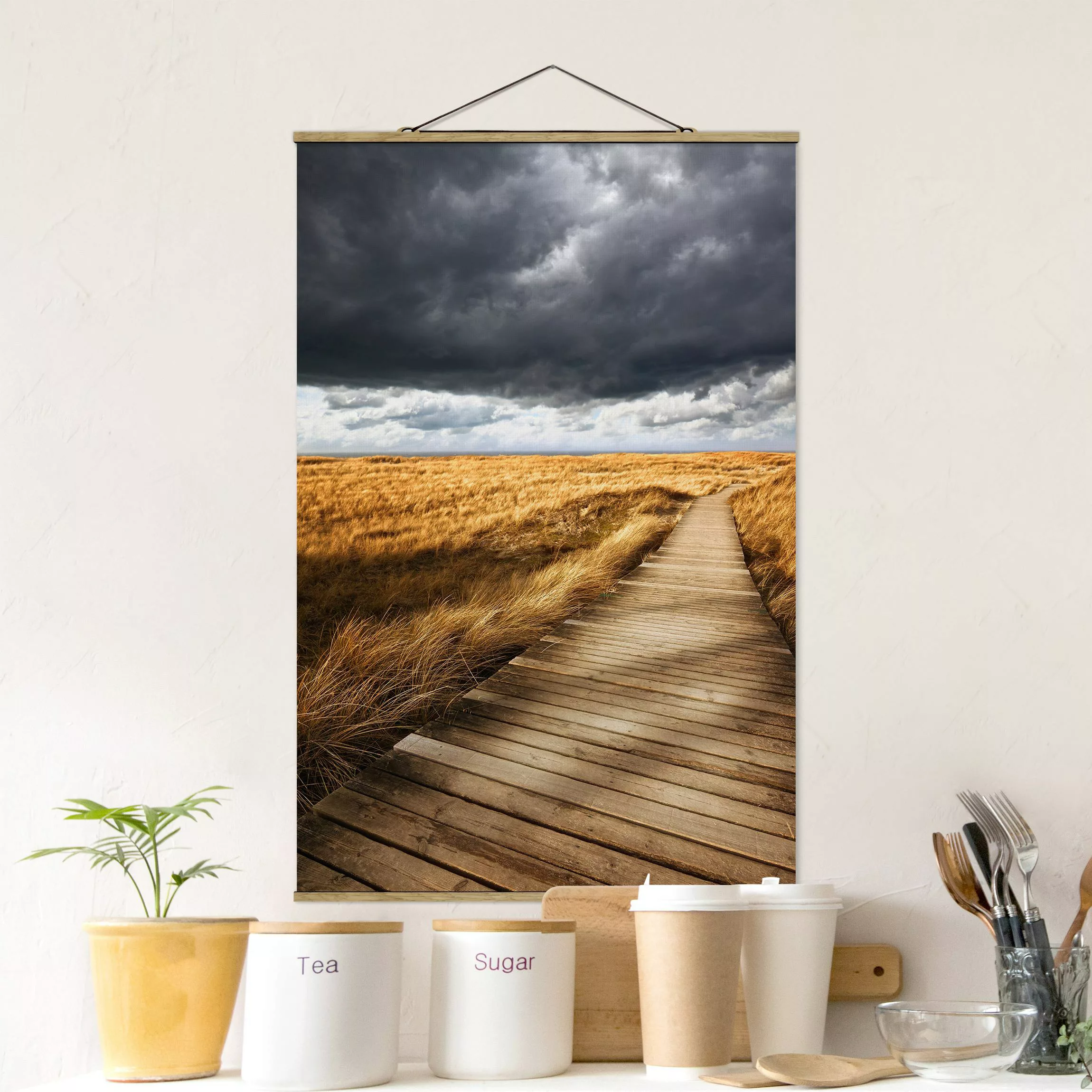 Stoffbild Strand mit Posterleisten - Hochformat Weg in den Dünen günstig online kaufen
