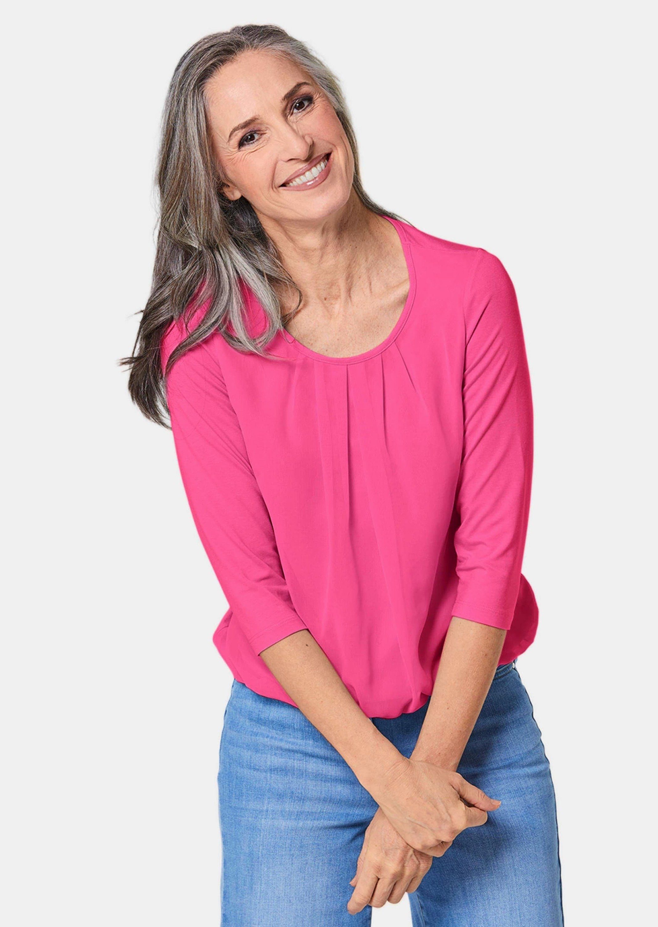 GOLDNER Kurzarmbluse Kurzgröße: Chiffon-Shirt gelb, Rundhals günstig online kaufen
