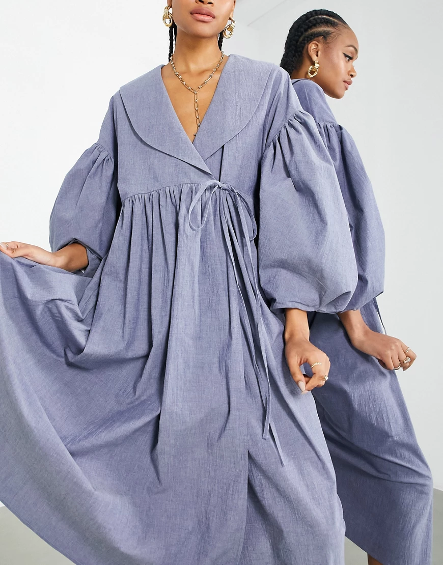 ASOS EDITION – Midi-Hängerkleid mit Wickeldetail und Kragen in verwaschenem günstig online kaufen