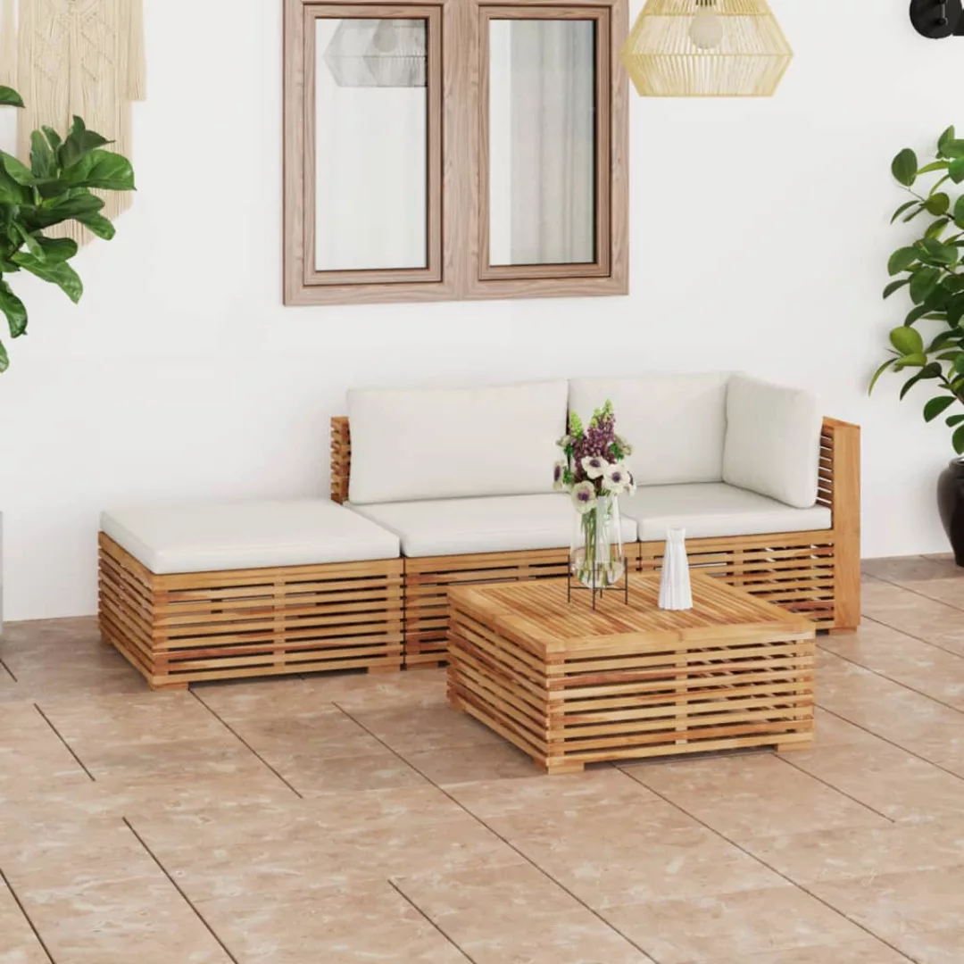 4-tlg. Garten-lounge-set Mit Kissen Creme Massivholz Teak günstig online kaufen