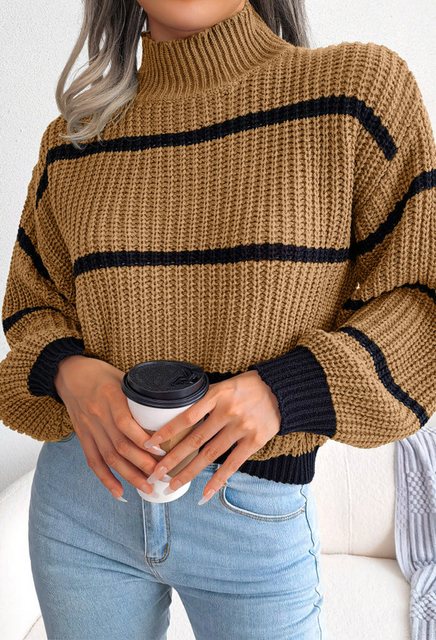 CHENIN Langarmhemd Gestreifter Damen-Rollkragenpullover mit Laternenärmeln günstig online kaufen