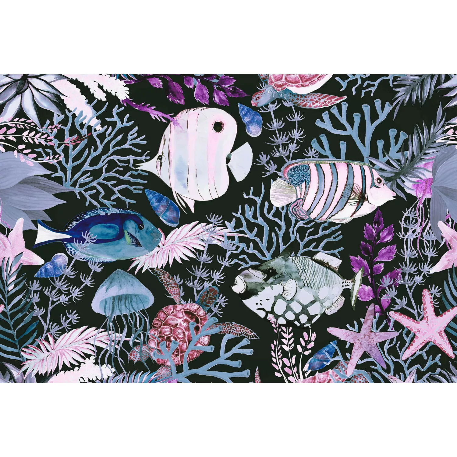 Fototapete Unterwasser Fische Grau Blau Rosa Lila 4,00 m x 2,70 m FSC® günstig online kaufen