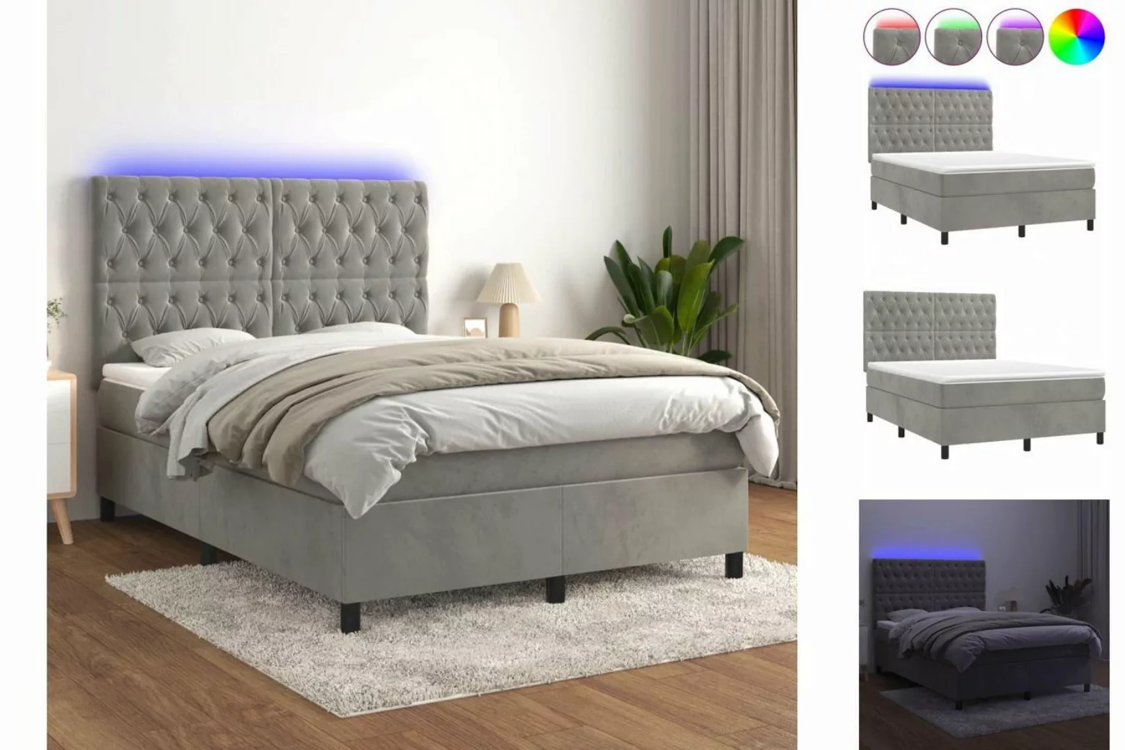 vidaXL Bettgestell Boxspringbett mit Matratze LED Hellgrau 140x200 cm Samt günstig online kaufen