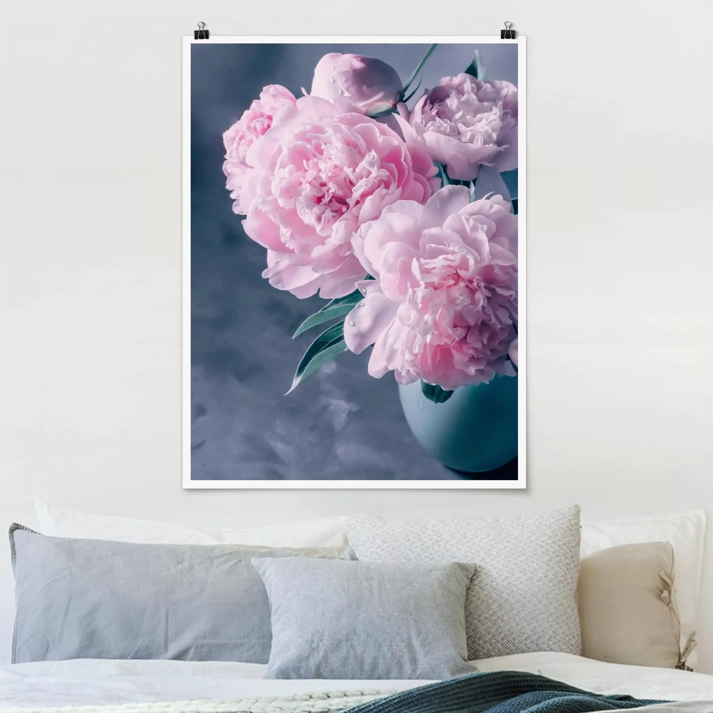 Poster Blumen - Hochformat Vase mit Rosa Pfingstrosen Shabby günstig online kaufen