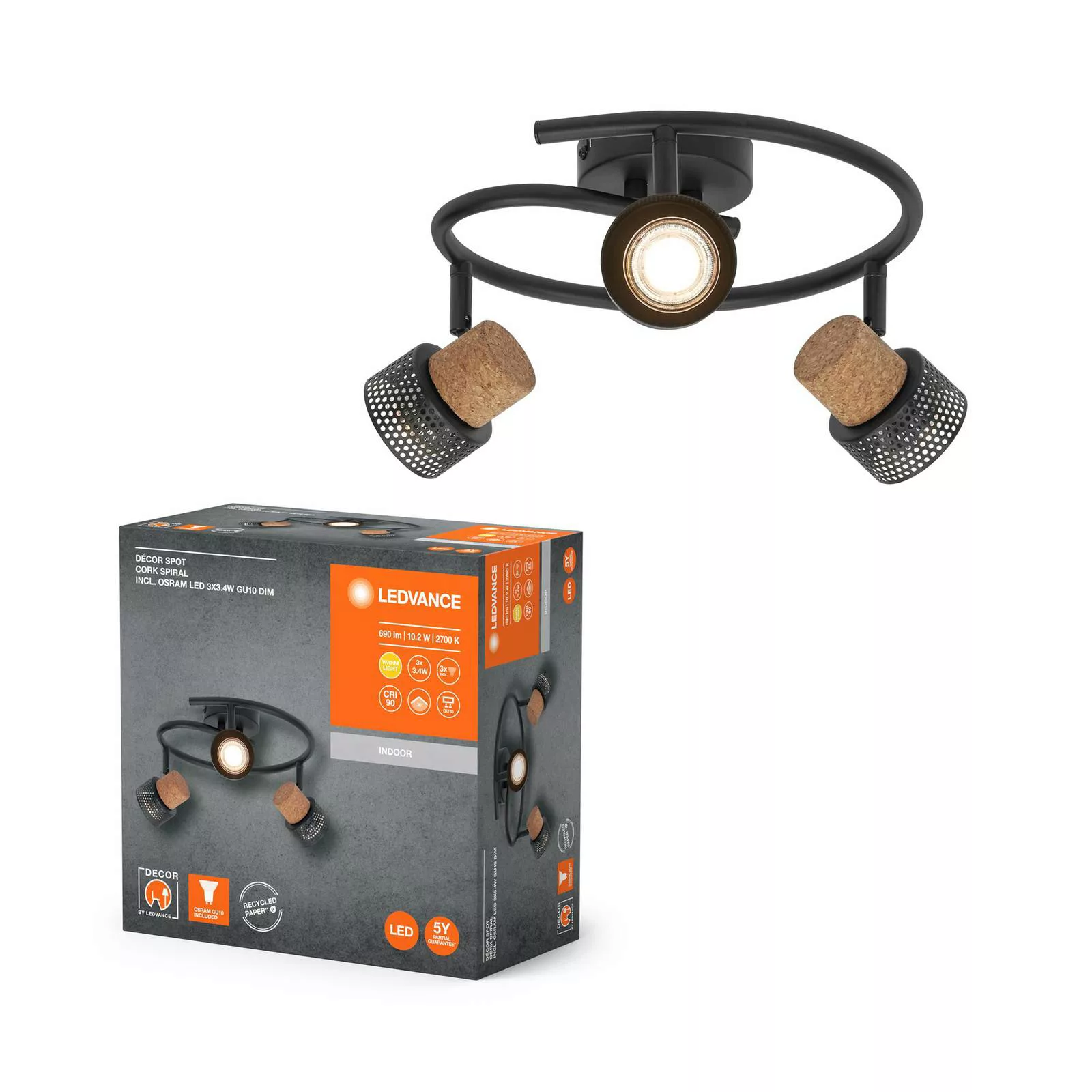 LEDVANCE LED-Deckenspot Cork, GU10, 3-fl., Spirale, schwarz günstig online kaufen