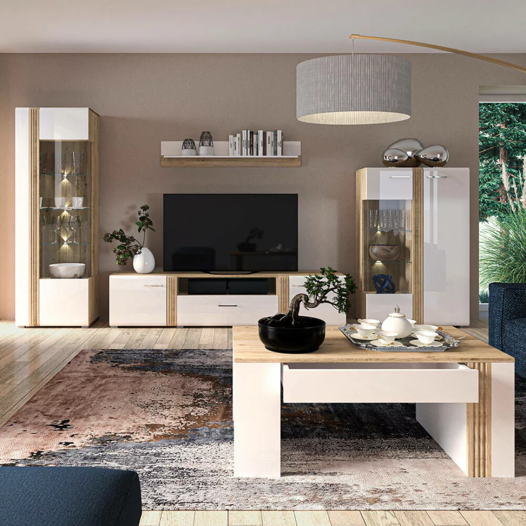 Moderne Wohnwand in Eiche Nb. AKRON-131 mit Fronten in weiß Hochglanz 5-tei günstig online kaufen
