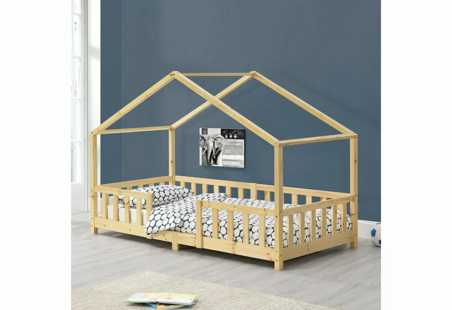 en.casa Kinderbett, »Treviolo« Haus-Optik mit Rausfallschutz 90x200 cm Holz günstig online kaufen