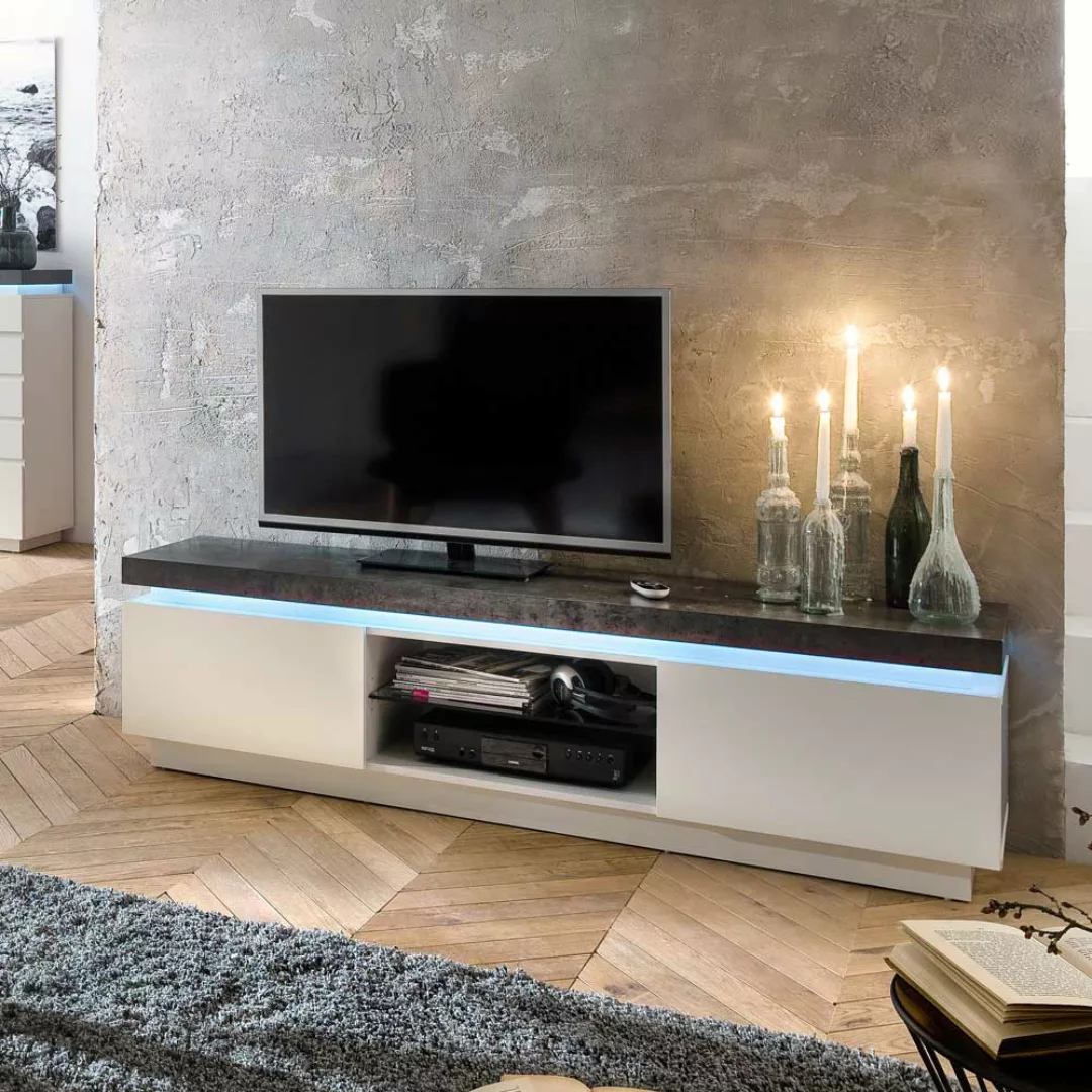 TV Board mit LED Beleuchtung Weiß Dunkelgrau günstig online kaufen