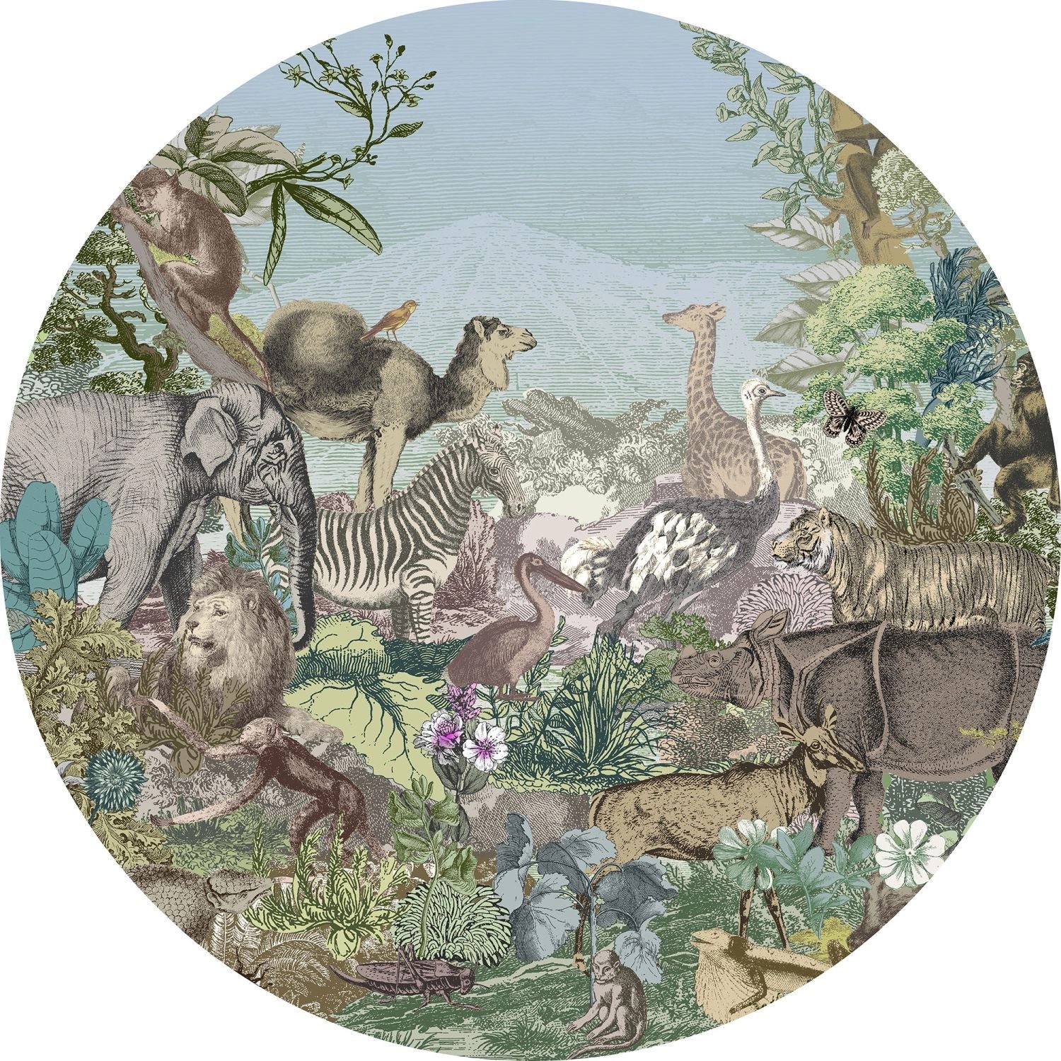 Komar Selbstklebende Runde Tapete Animal Kingdom Multicolor Ø 125 cm 611163 günstig online kaufen