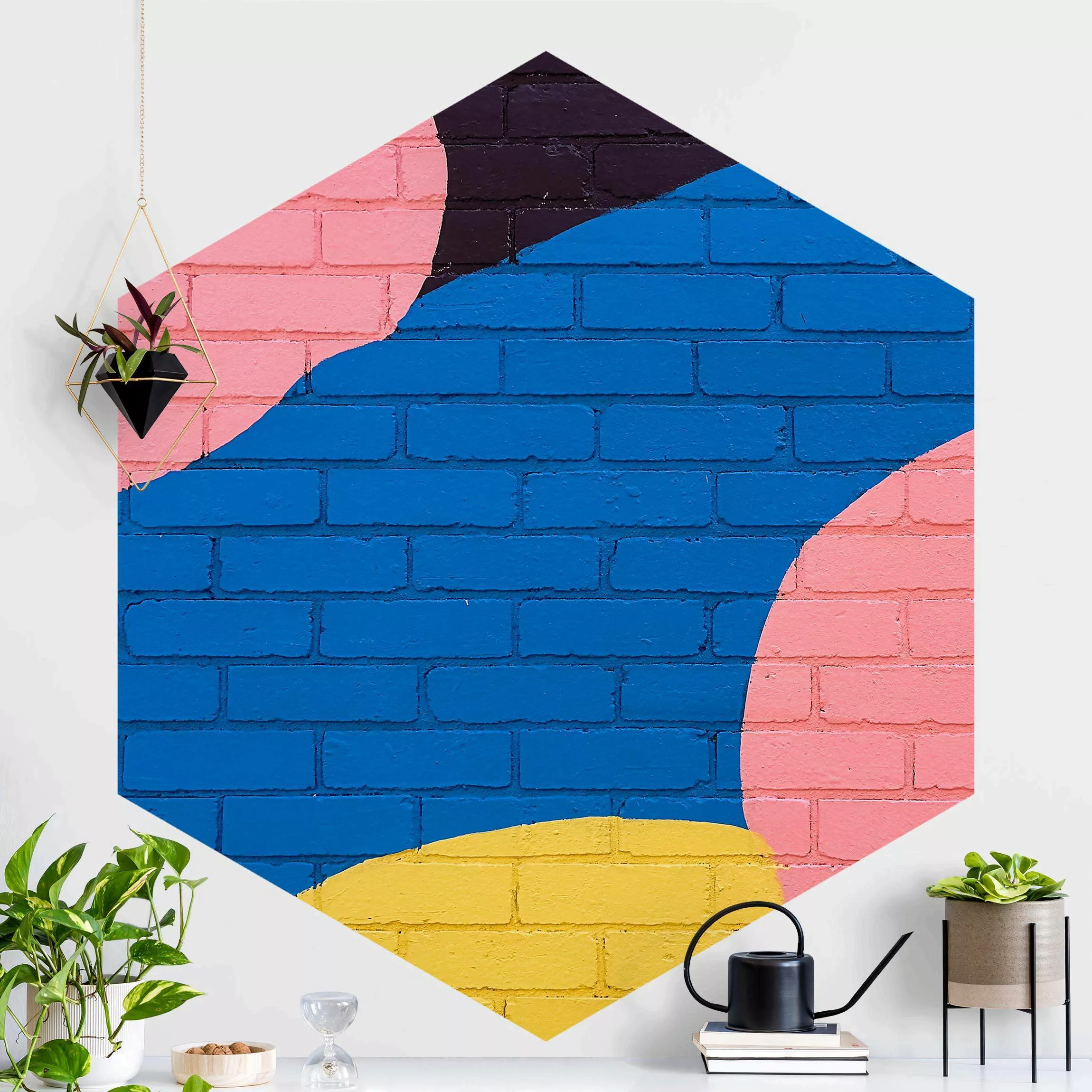 Hexagon Mustertapete selbstklebend Bunte Ziegelwand in Blau und Rosa günstig online kaufen