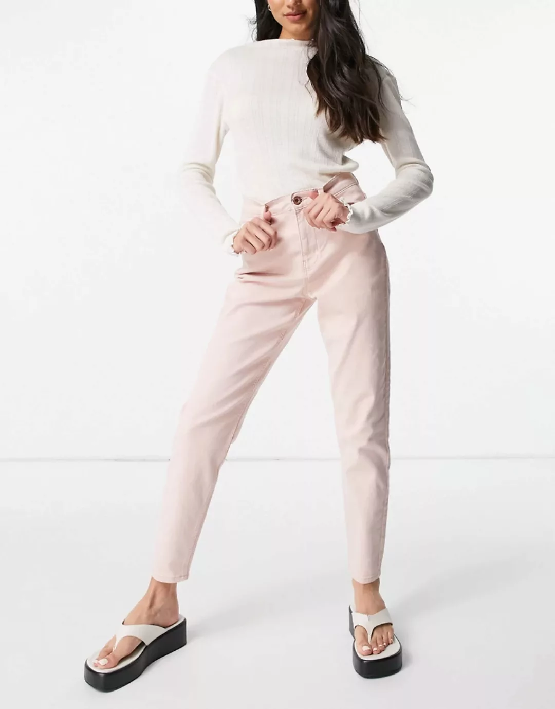 Pieces – Mom-Jeans mit hohem Bund in Pastellrosa günstig online kaufen