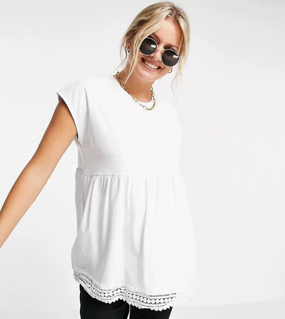 ASOS DESIGN Maternity ‑ Kurzärmliges Umstands-T-Shirt und Häkelsaum in Weiß günstig online kaufen