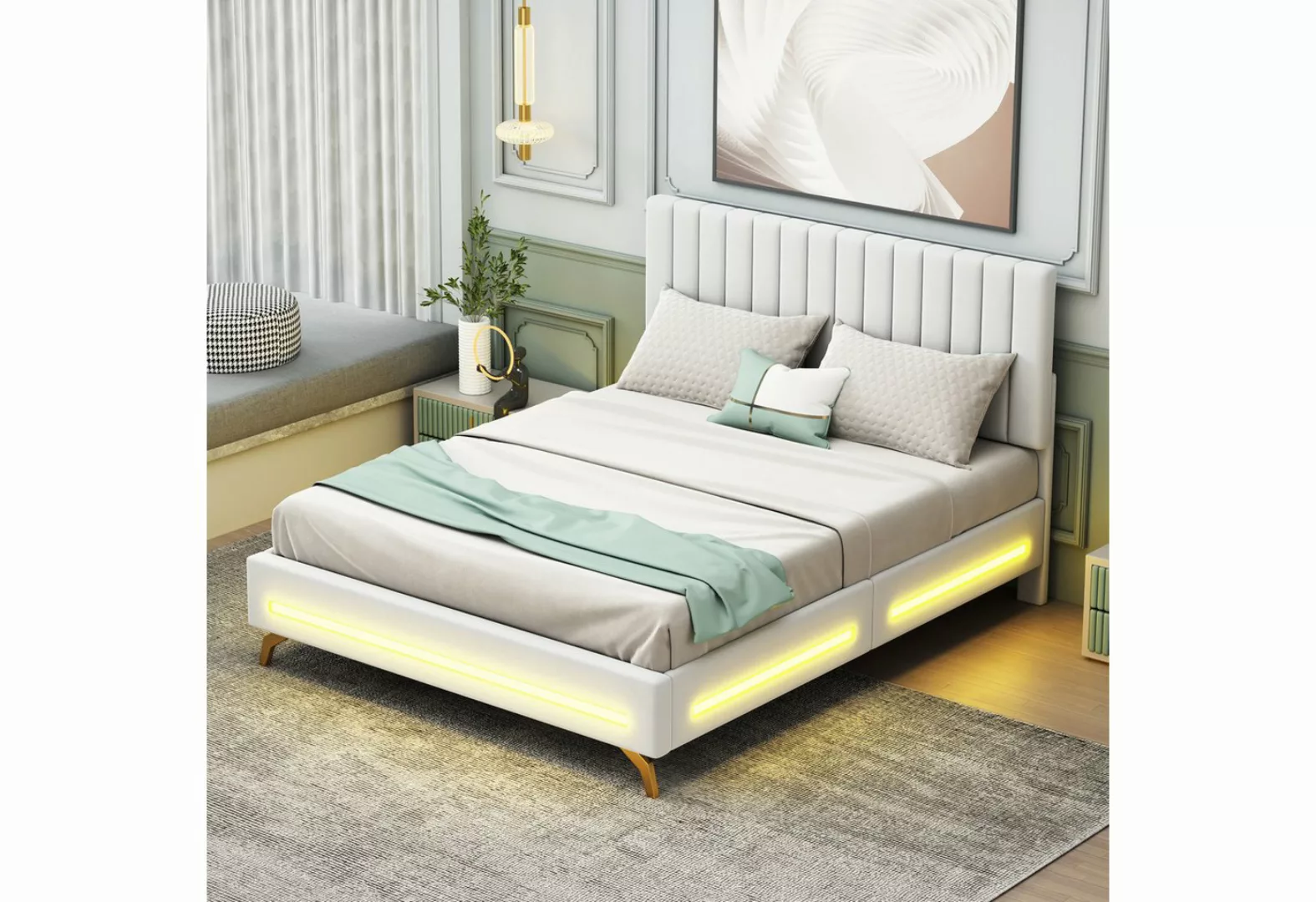 Ulife Polsterbett Doppelbett 140 x 200 cm mit LED-Leuchten, verstellbarem K günstig online kaufen