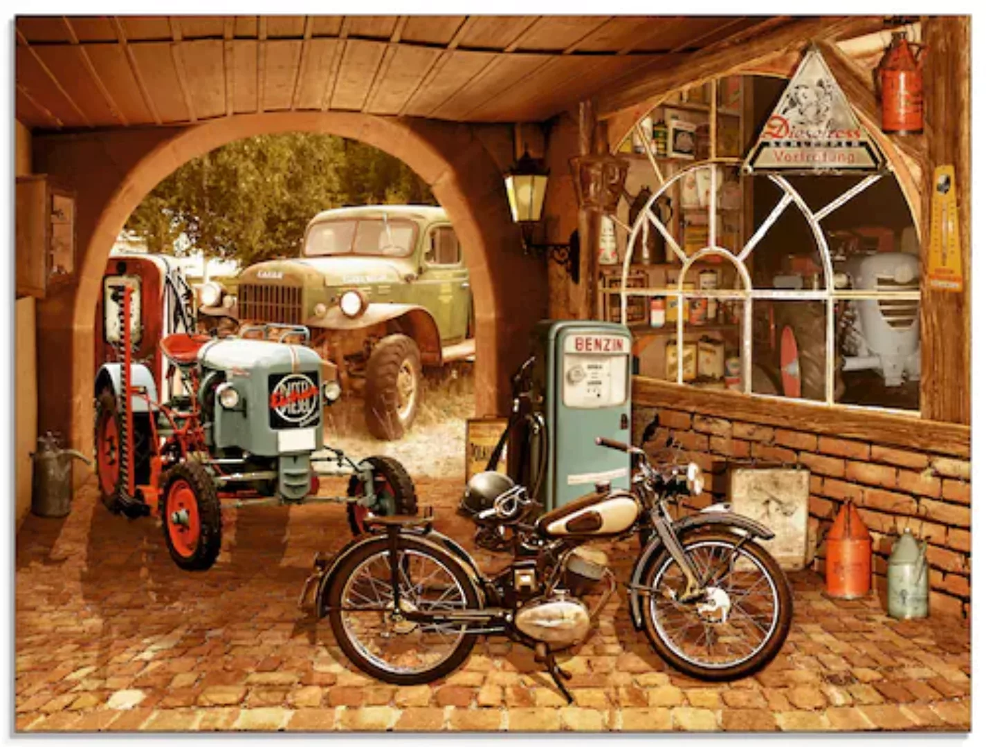 Artland Glasbild "Werkstatt mit Traktor und Motorrad", Traktoren, (1 St.) günstig online kaufen