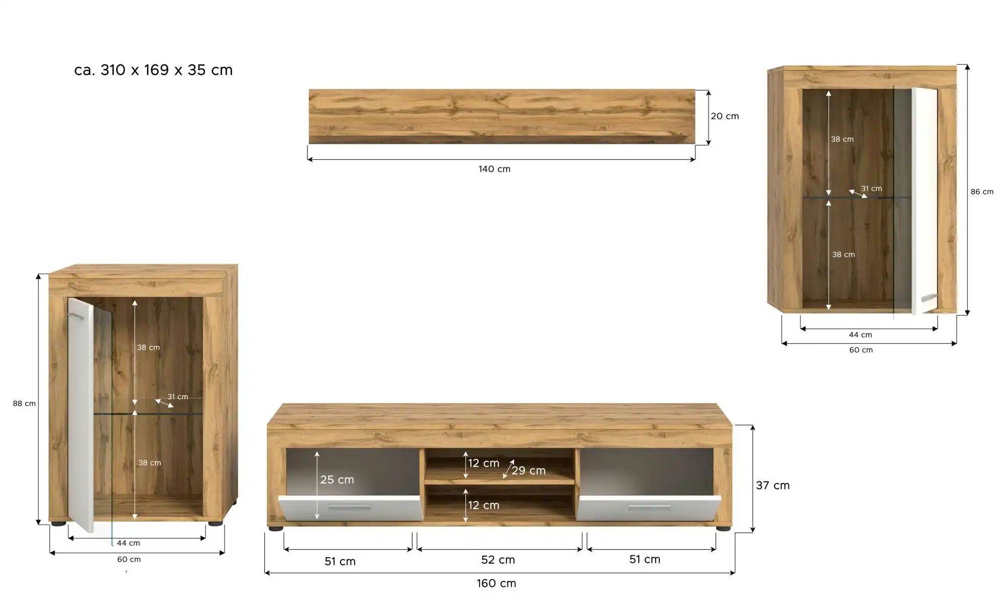 Wohnwand  Bardenas ¦ holzfarben ¦ Maße (cm): B: 310 H: 169 Wohnwände - Höff günstig online kaufen