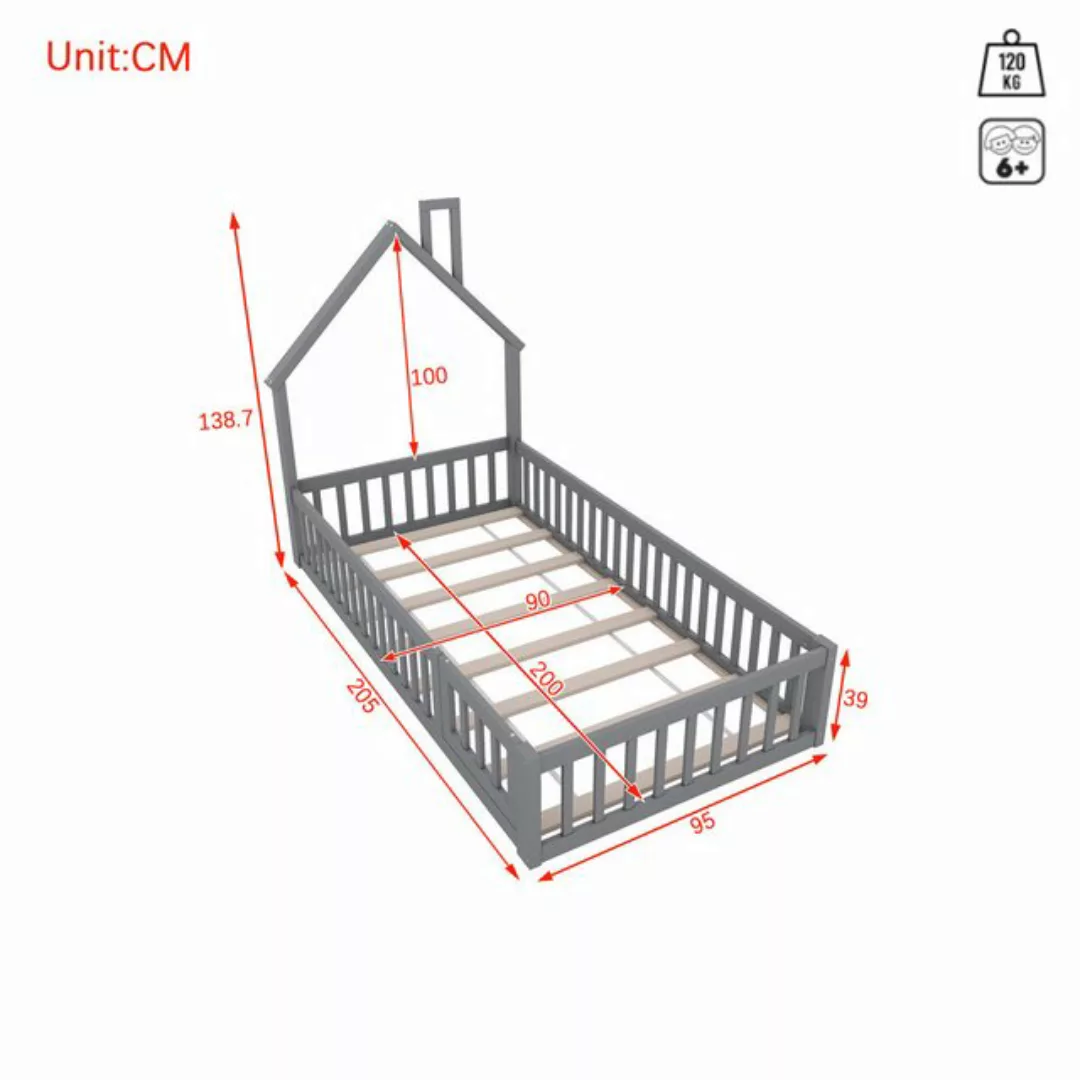Flieks Kinderbett, Massivholzbett 90x200cm mit Schornsteinform und Lattenro günstig online kaufen