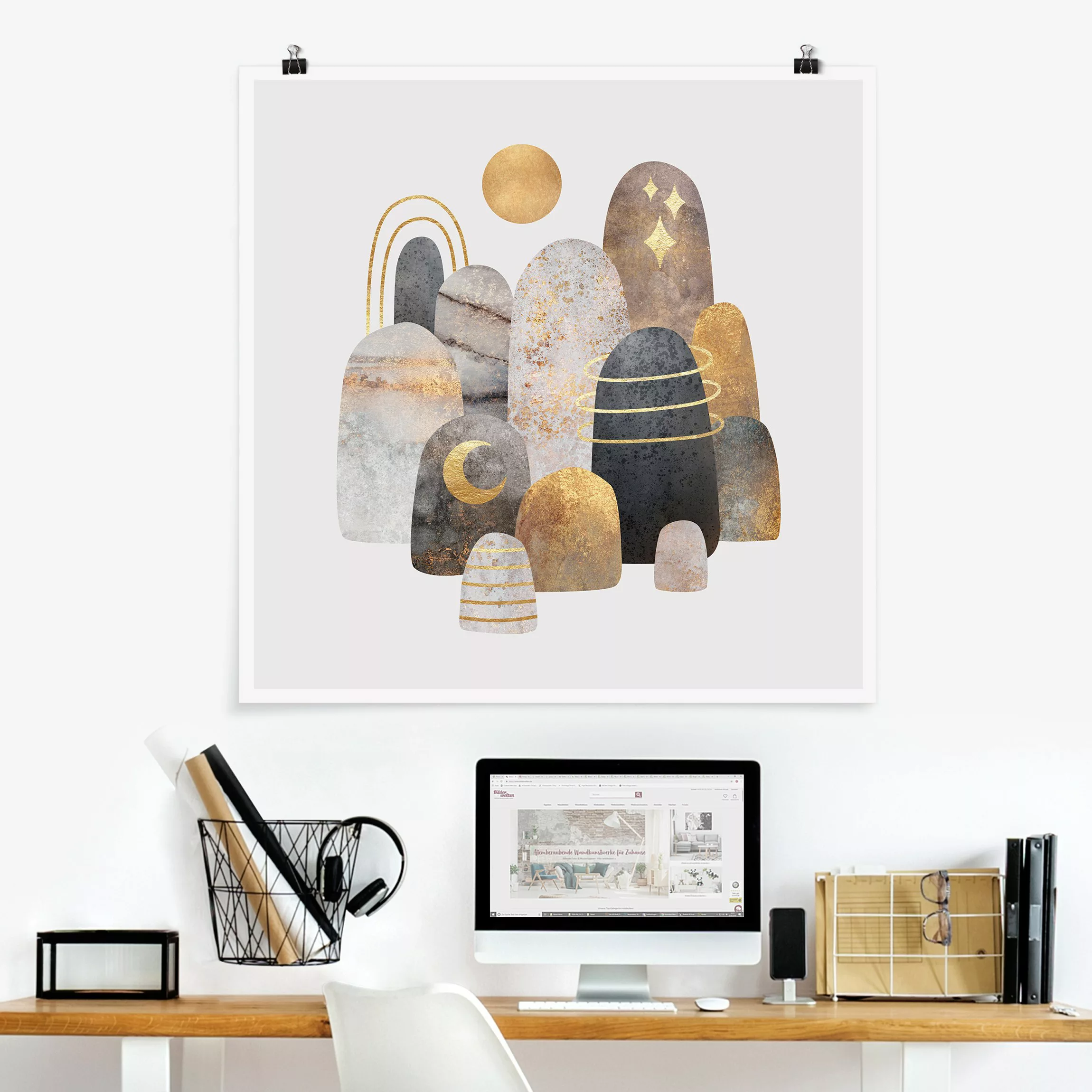 Poster Gold Berge mit Mond günstig online kaufen