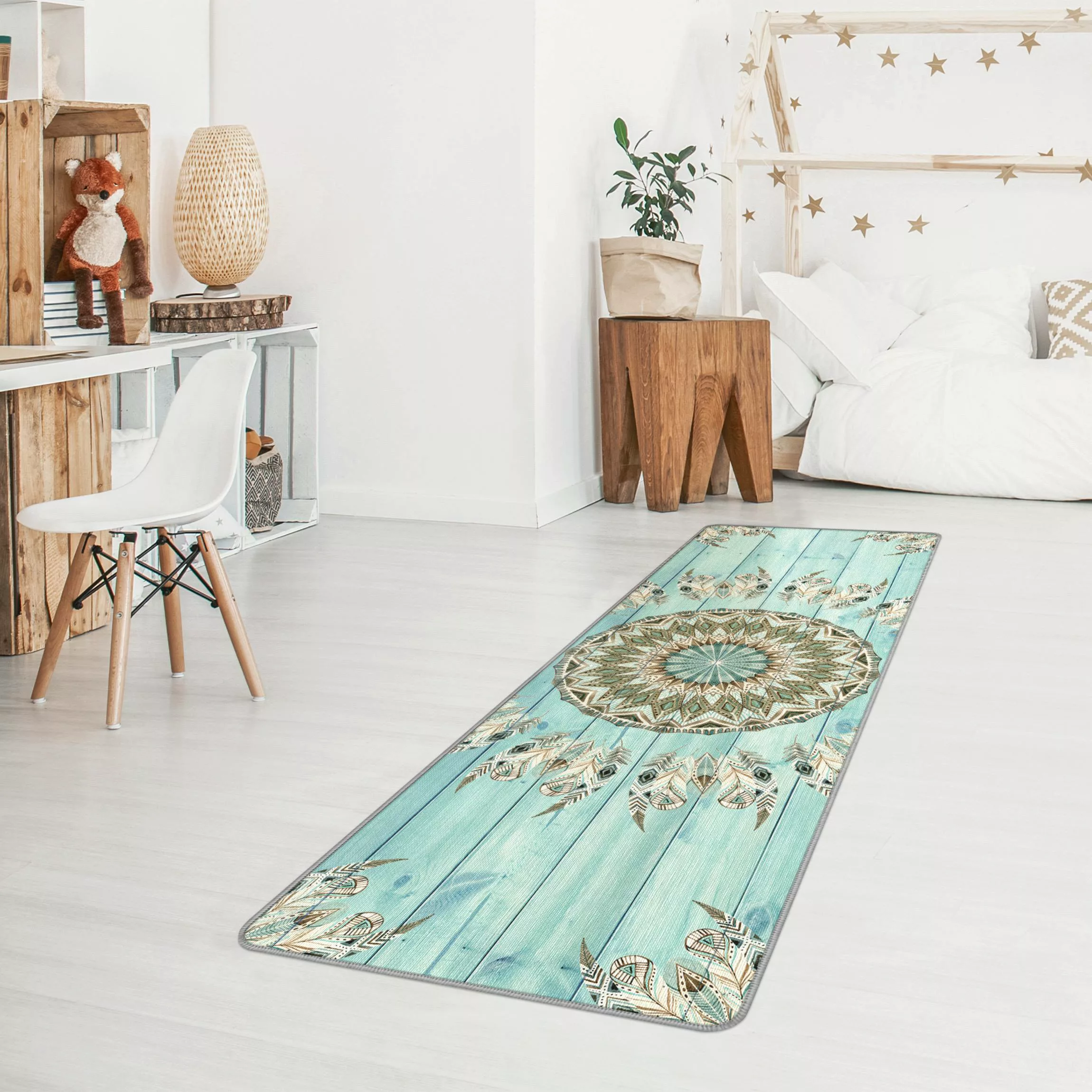 Teppich Mandala Aquarell Federn blau grün auf Planke günstig online kaufen