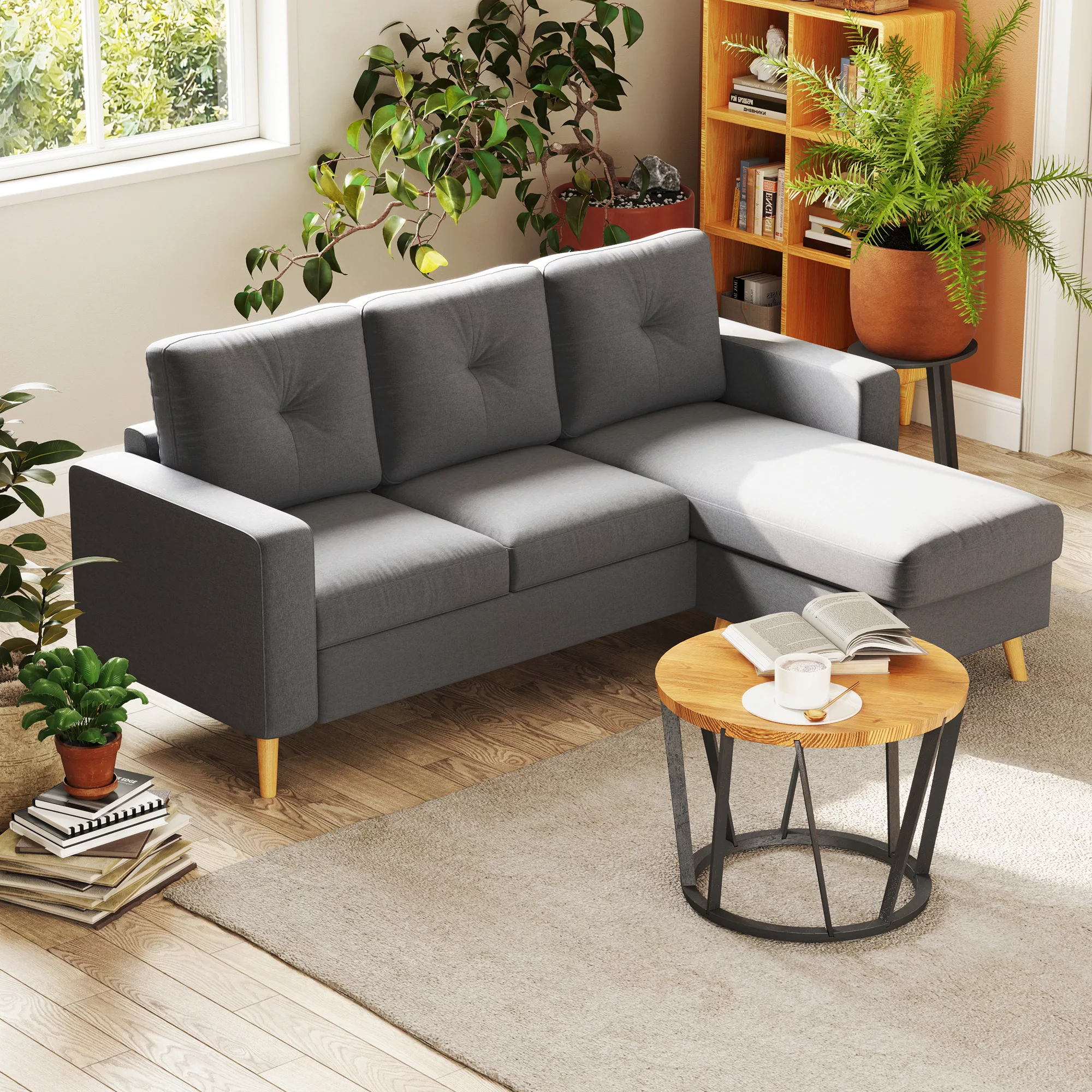 HOMCOM Ecksofa L-Form graue Eckcouch mit Chaiselongue Leinenoptik für 3 Per günstig online kaufen