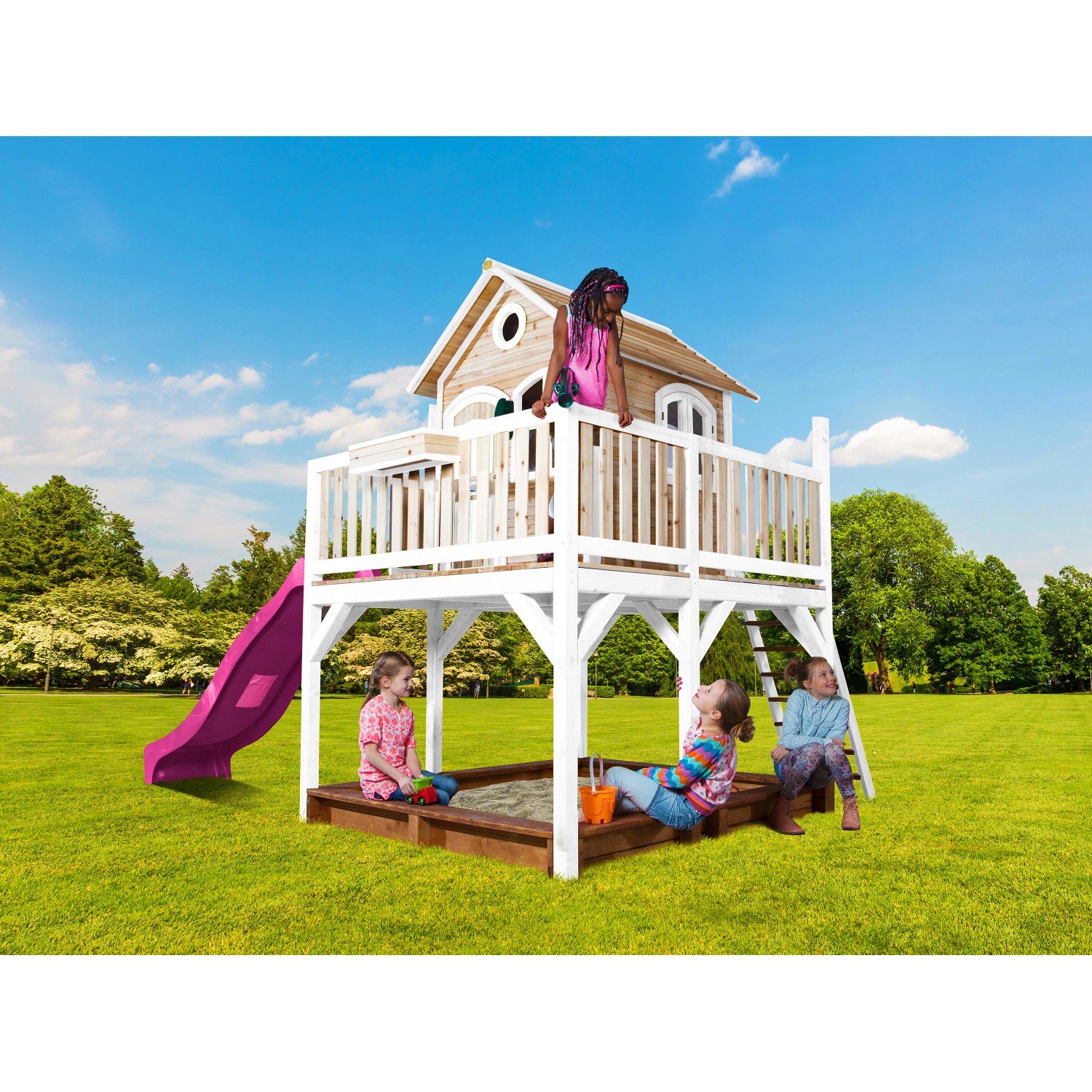 Axi Liam Spielhaus Braun - Weiß mit Lila Rutsche 255 x 377 x 291 cm günstig online kaufen