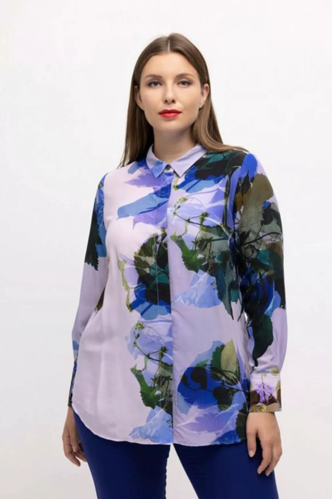 Ulla Popken Hemdbluse Bluse Seidenmix florales Design Hemdkragen Langarm günstig online kaufen